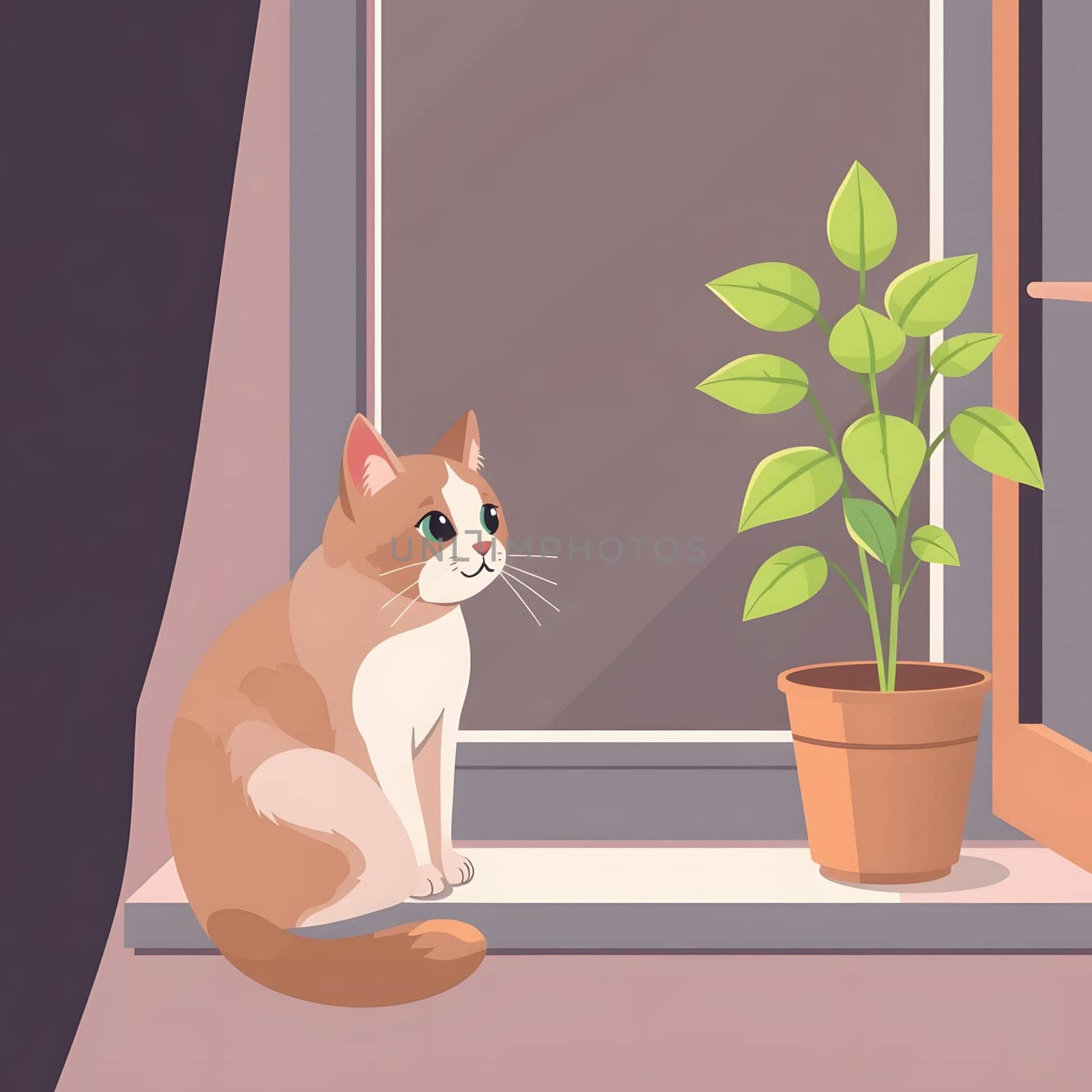 A cat with orange and white fur sits on a windowsill, gazing outside. Next to it, a green potted plant thrives in the sunlight, creating a cozy atmosphere in the room.