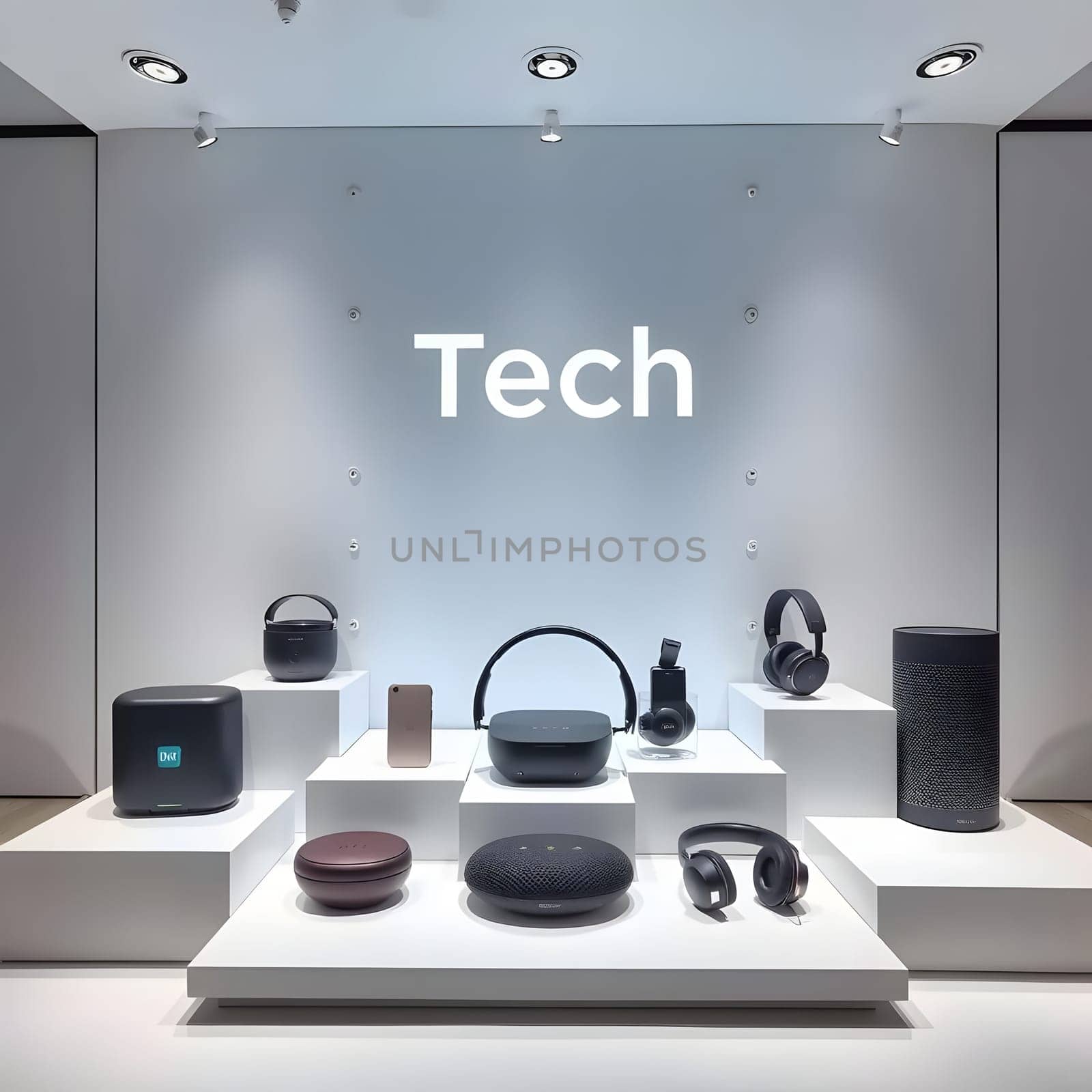 Various tech gadgets are showcased on white pedestals in a retail space. The arrangement features headphones, speakers, and portable devices against a sleek background.