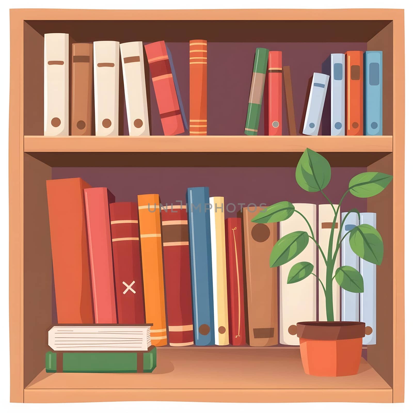 A wooden bookshelf displays various colorful books of different sizes, with a small potted plant adding a touch of greenery to the scene, creating a warm and inviting atmosphere.