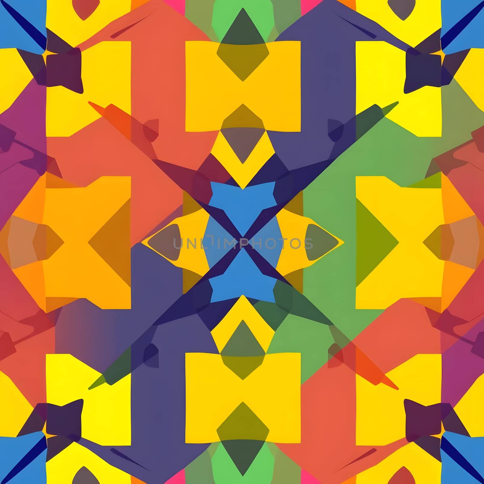 A vibrant design features overlapping geometric shapes in bright colors creating a striking abstract pattern. The composition showcases a mix of angular forms and hues that draw attention.
