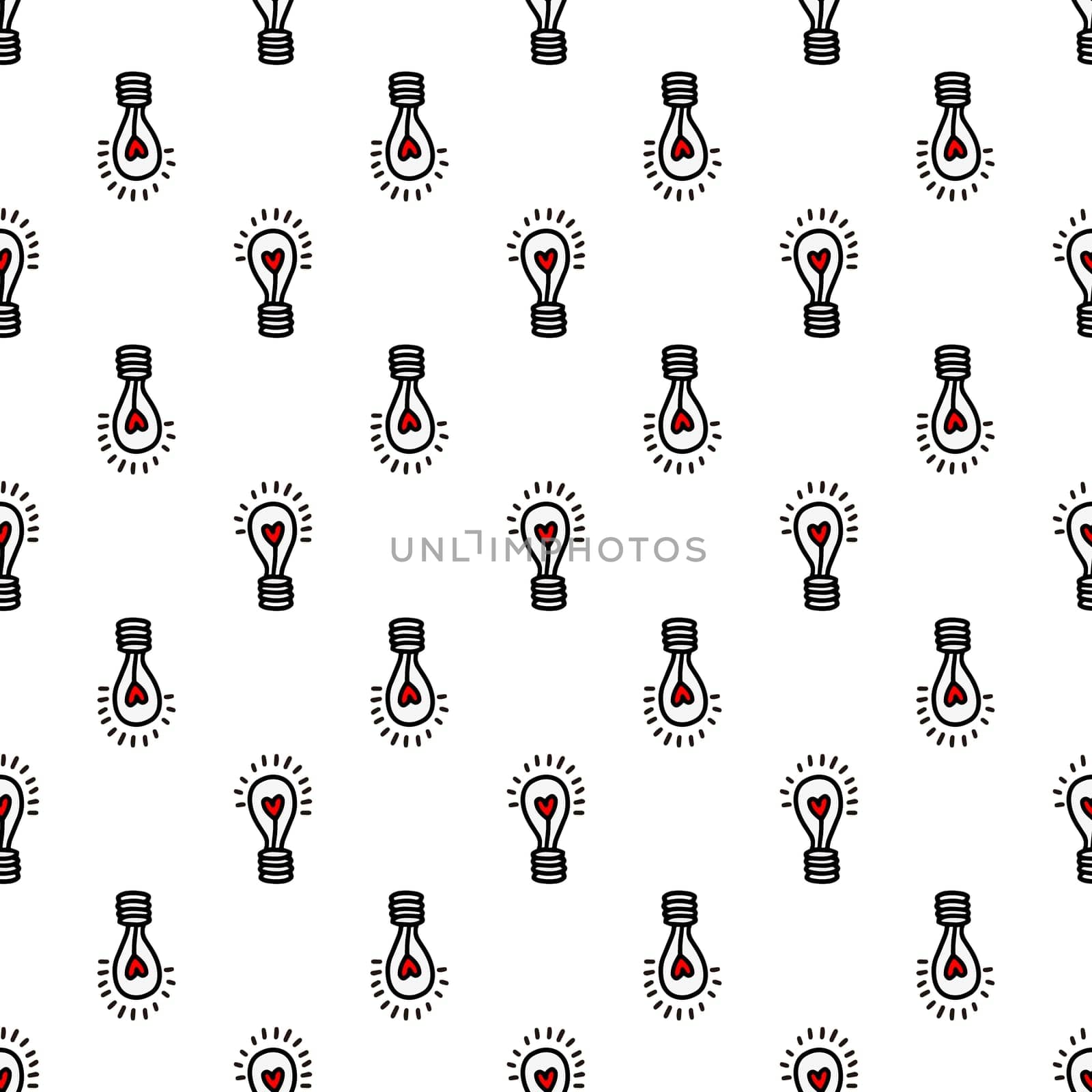 Seamless pattern with light bulbs with a heart on a white background illustration in doodle style. Design for Valentines Day, Wedding, Invitations