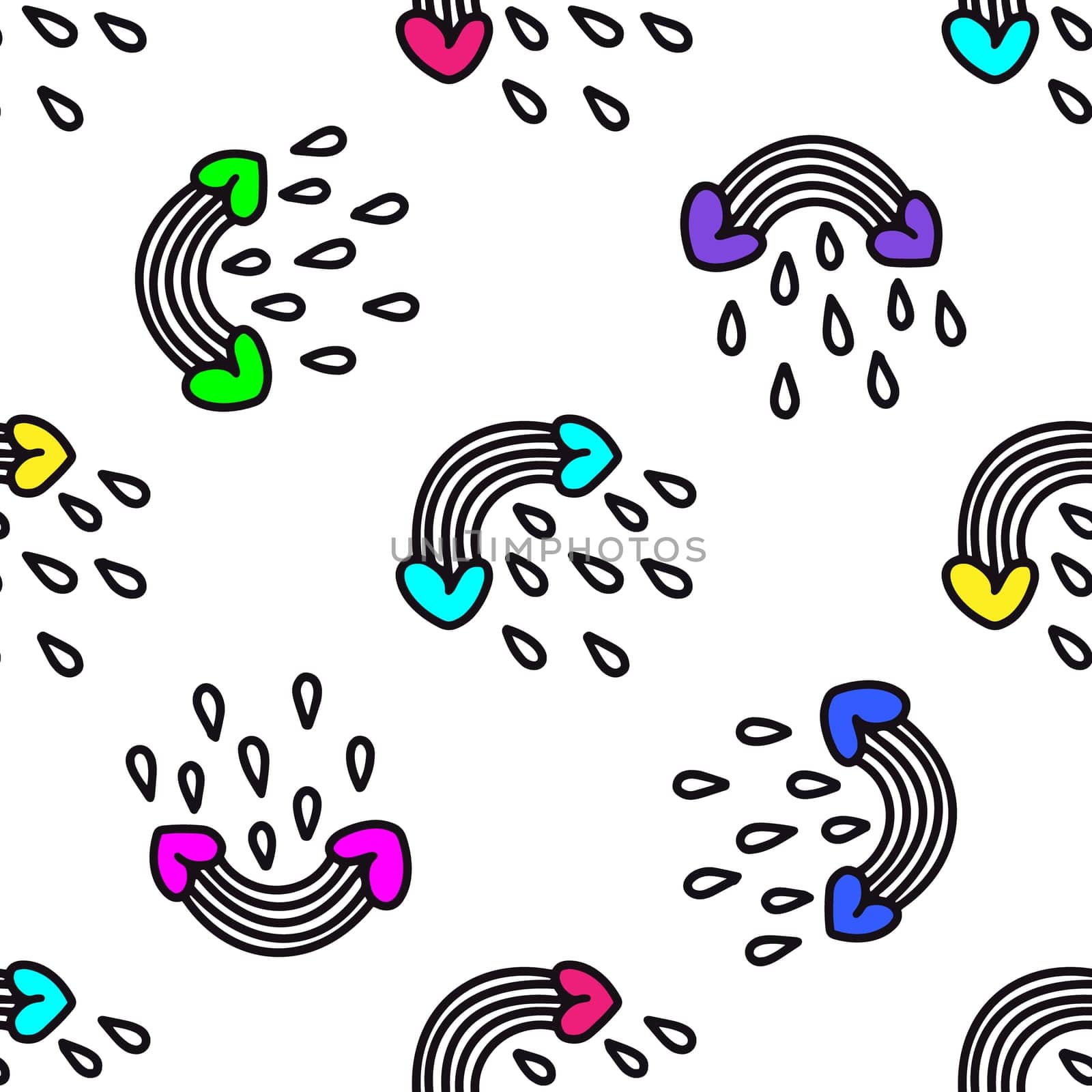 cartoon rainbows seamless pattern illustration in doodle style