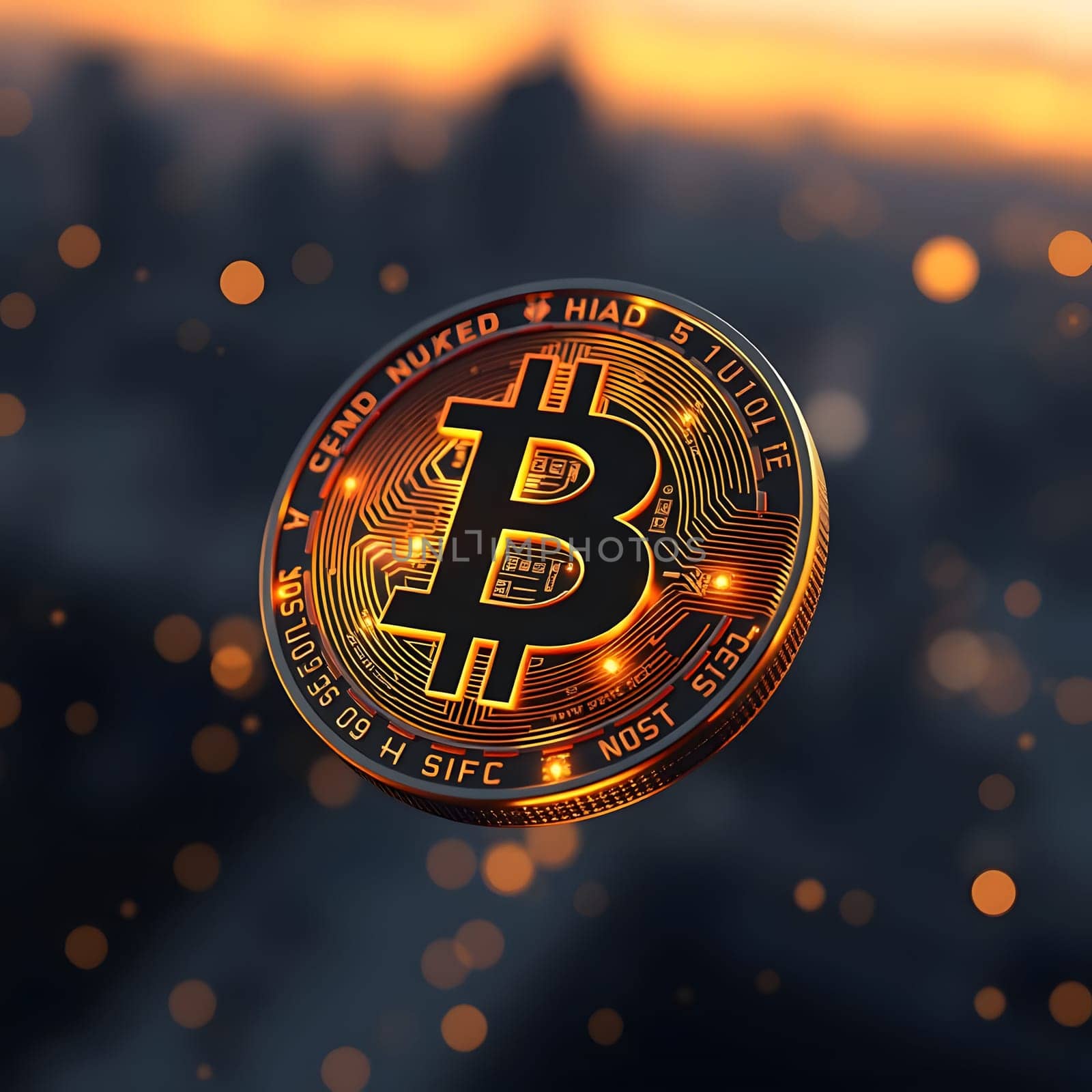 A detailed depiction of a Bitcoin symbol floating in the air above a city skyline during sunset, illuminated by warm light, showcasing a vibrant atmosphere and technological theme.