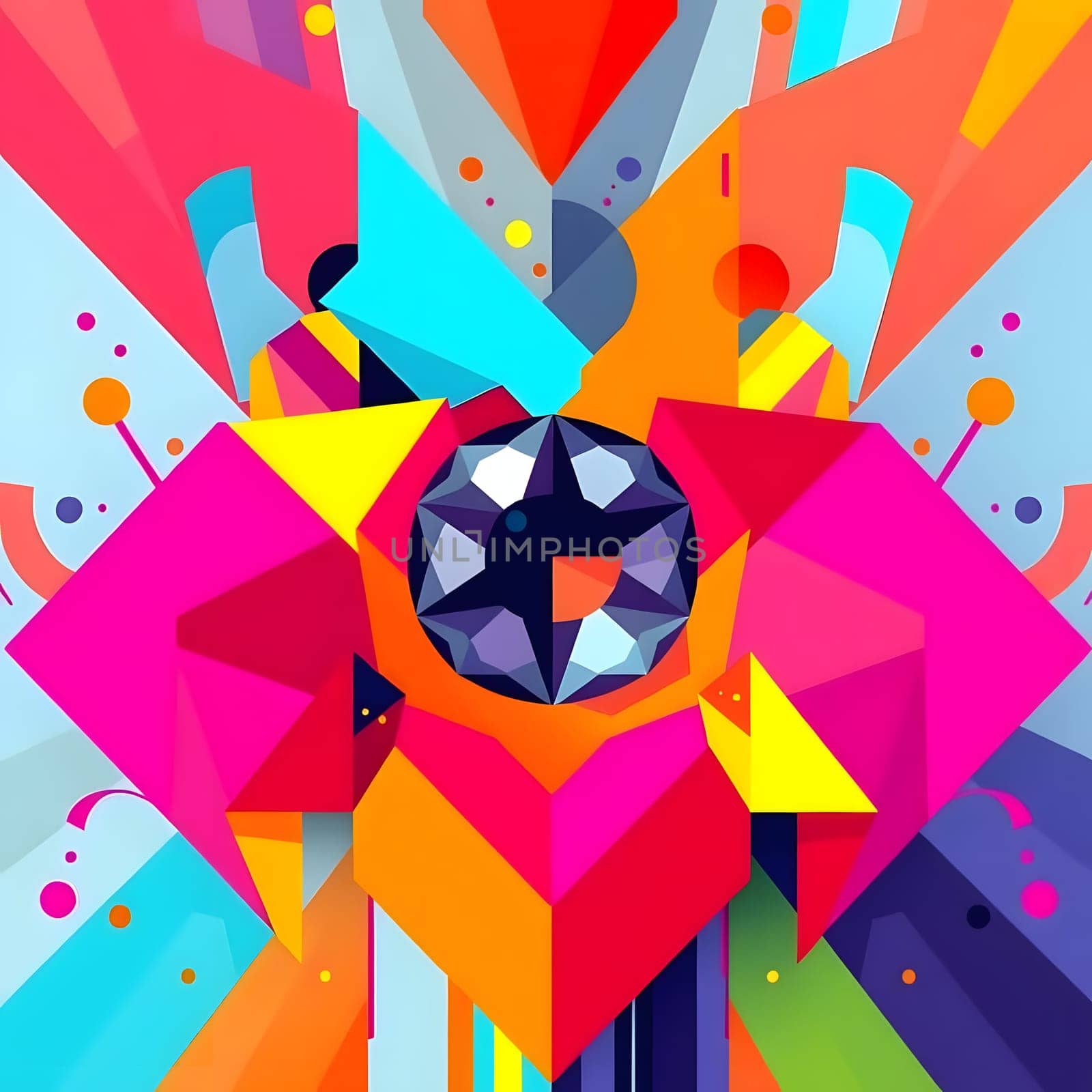 Bright geometric shapes in a radiant explosion of colors create an eye-catching abstract artwork, showcasing vivid triangles, circles, and sharp lines harmoniously blended together.