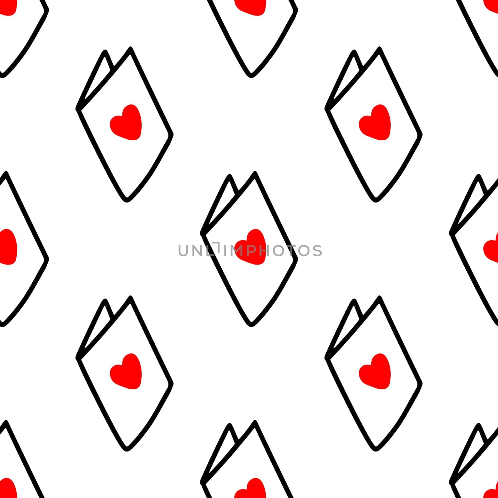 Seamless pattern with postcards with hearts illustration in doodle style. Design for Valentines Day