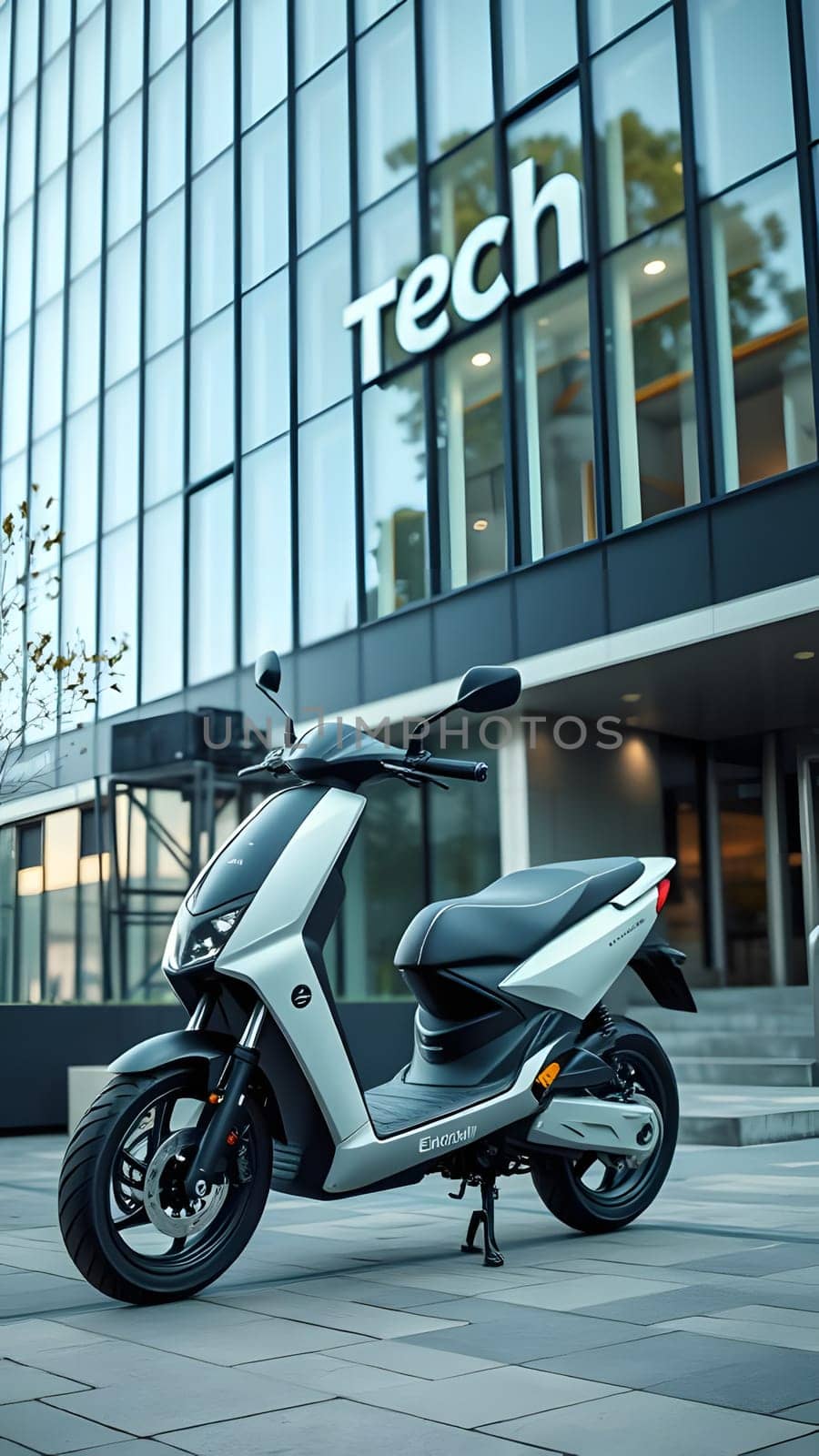 An electric scooter sits parked on the sidewalk in front of a sleek, modern tech building. Its design is contemporary, blending with the urban atmosphere of a sunny day.