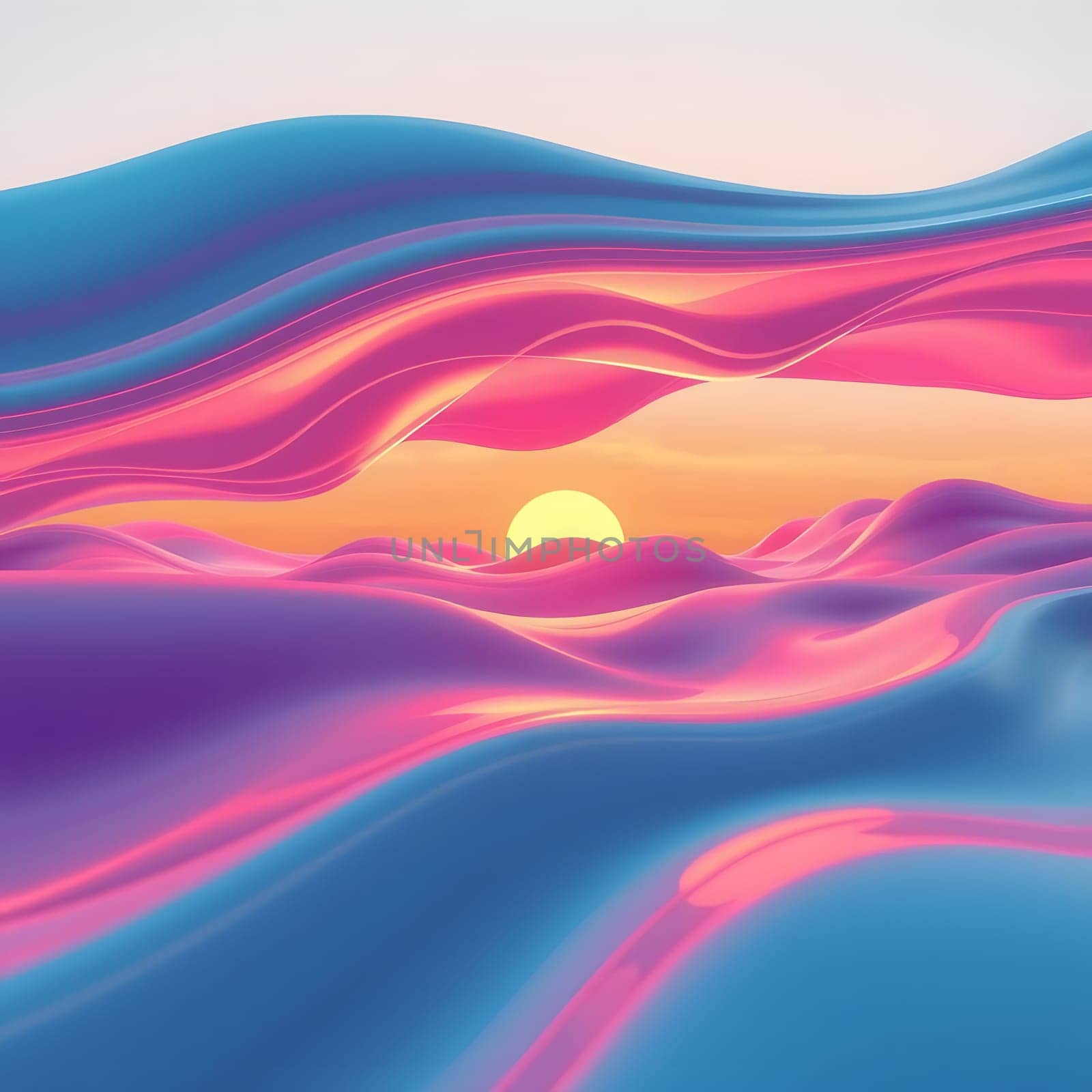 Gentle waves of vibrant colors ripple beneath a warm sunset, creating a peaceful atmosphere. The pastel pinks and blues reflect an artistic interpretation of a tranquil evening.