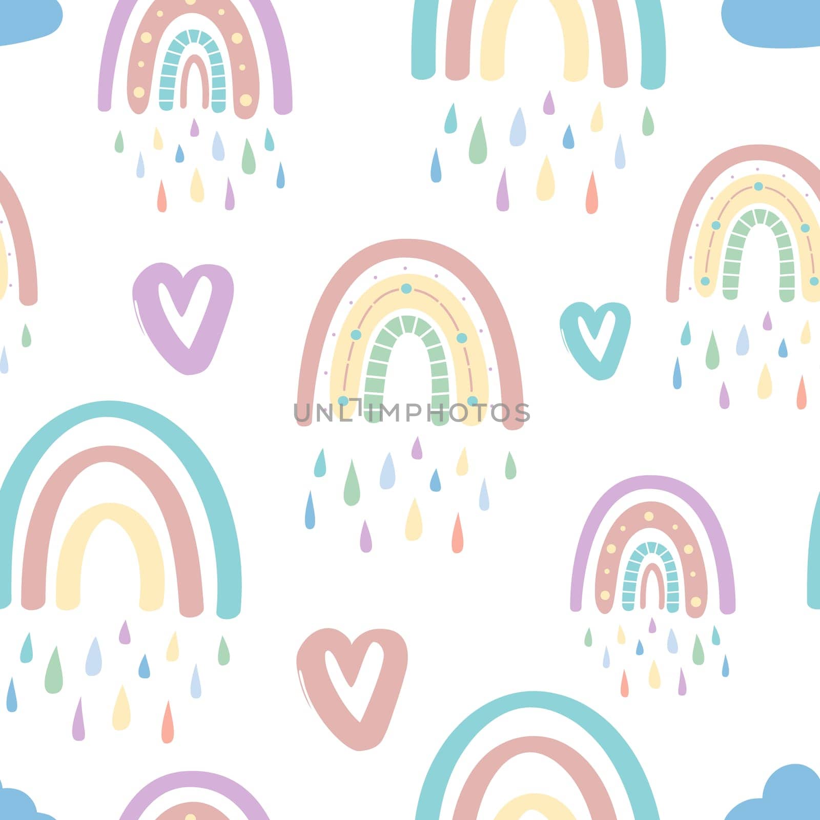 Cute rainbow and dragonfly seamless pattern. Scandinavian pattern in muted pastel colors. Hand-drawn illustration. Design for textiles, packaging, wrappers