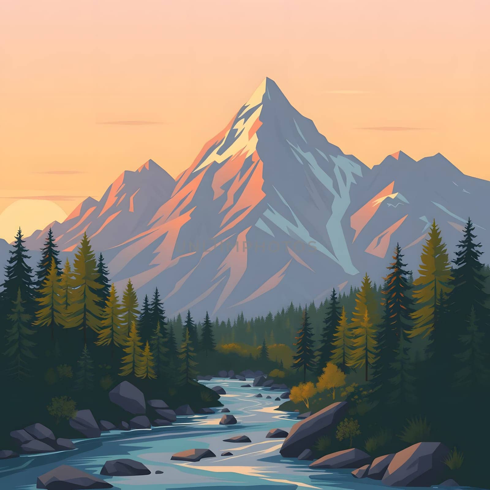 A serene mountain vista features a winding river through lush forests, under a soft sunset glow that highlights the peaks and adds warmth to the scene.