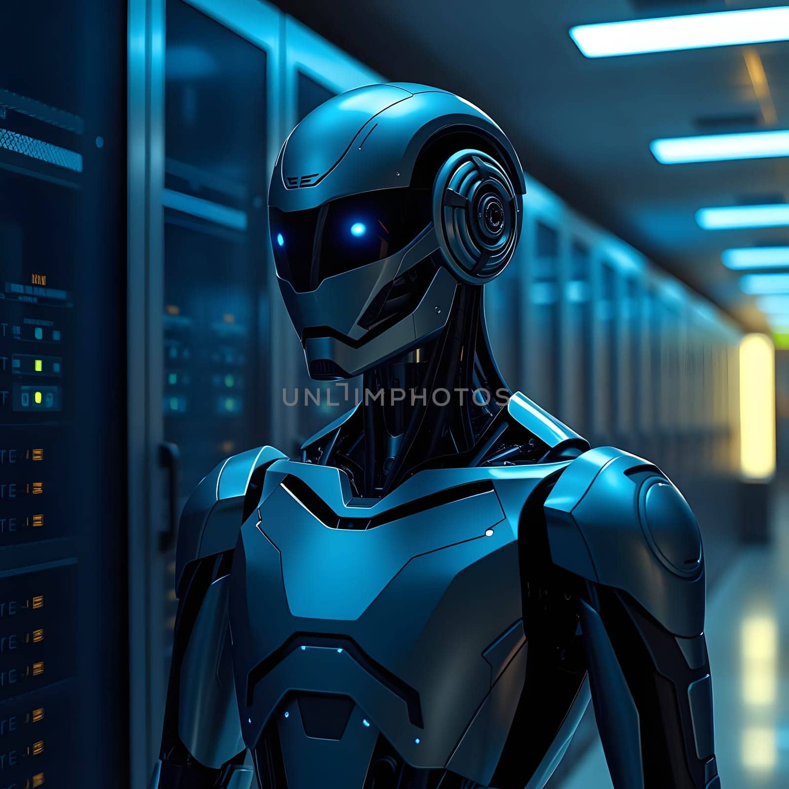 A sleek, futuristic robot with glowing blue eyes stands in a dimly lit server room filled with equipment. The advanced technology highlights the robot's design and features.