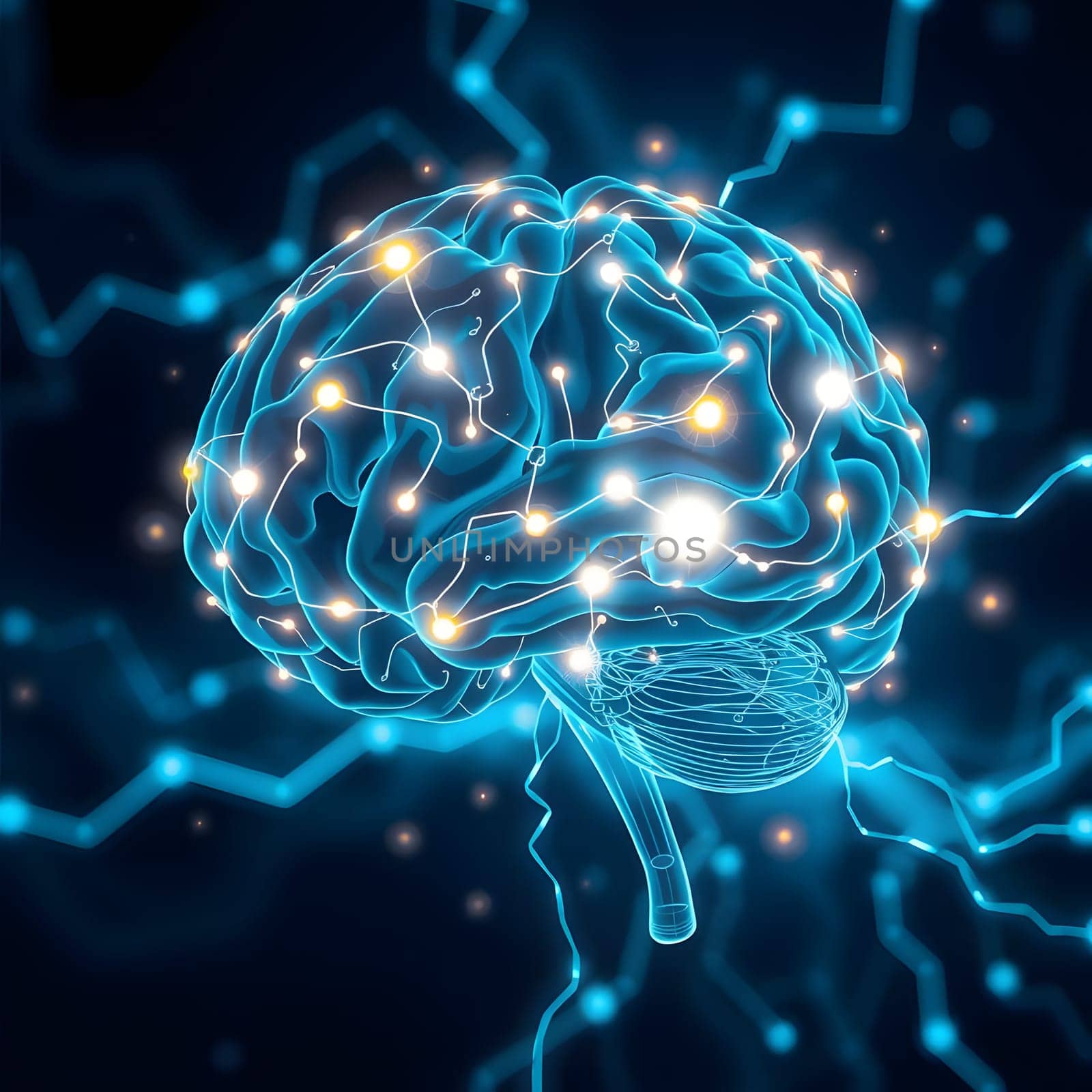 A visually striking digital representation of a human brain showcasing vibrant neural connections. The intricate patterns glow against a dark background, emphasizing the complexity of brain activity.