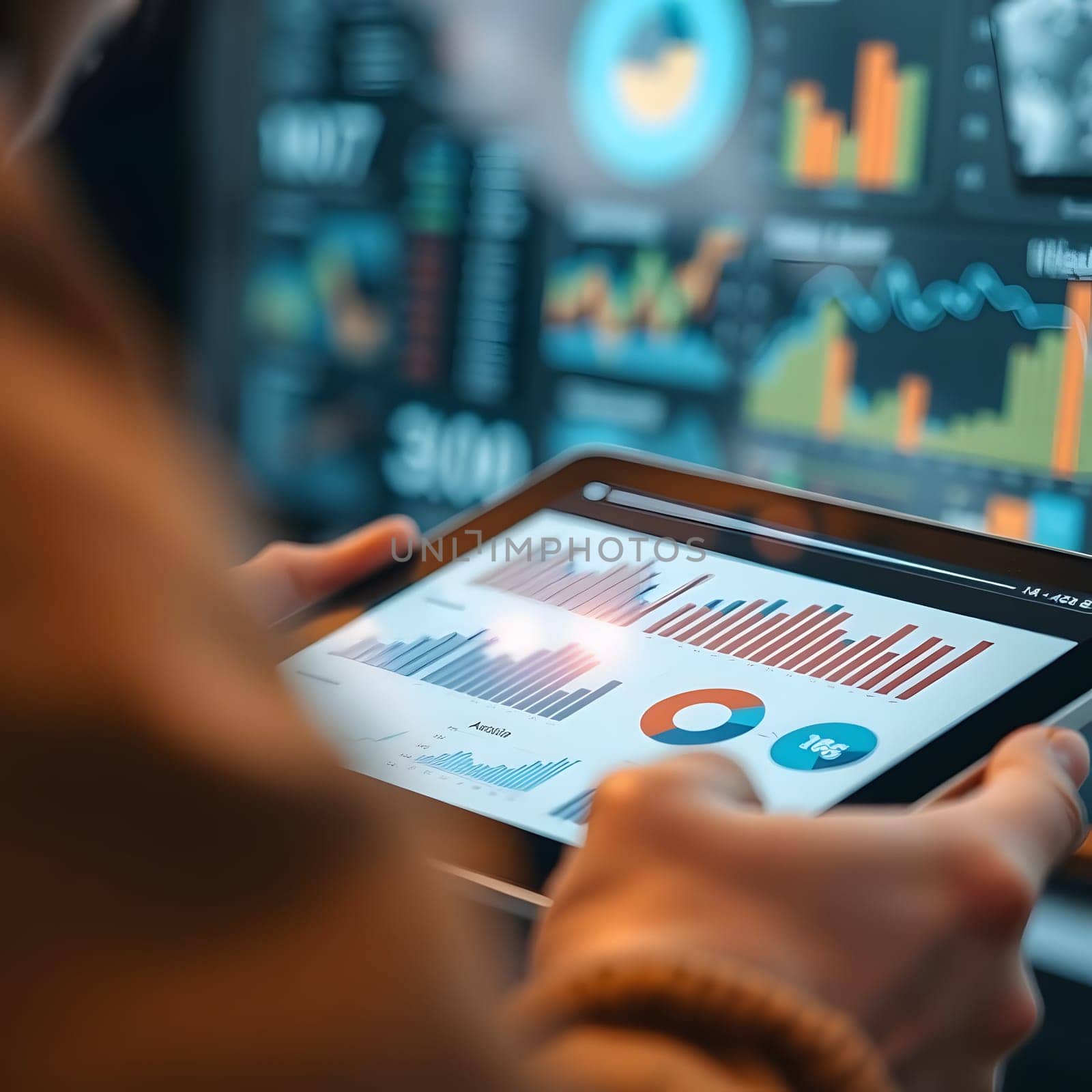 A person reviews interactive data visualizations on a tablet while seated in a contemporary office setting. The digital display shows various graphs and statistics for analysis.
