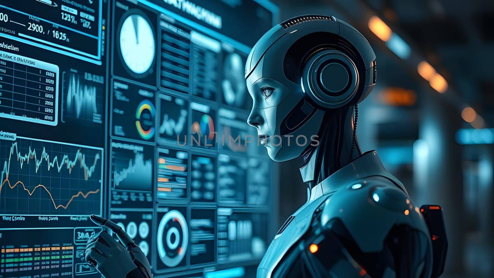 A sleek robotic figure engages with digital displays, analyzing complex data in a modern control room setting. Intricate graphs and statistics illuminate the surroundings, showcasing technology.