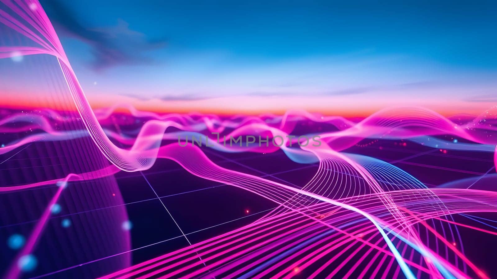 Vibrant digital waves ripple across a serene landscape, showcasing a blend of pink and purple hues at dusk. The horizon gleams with colors as the night approaches, creating a captivating effect.