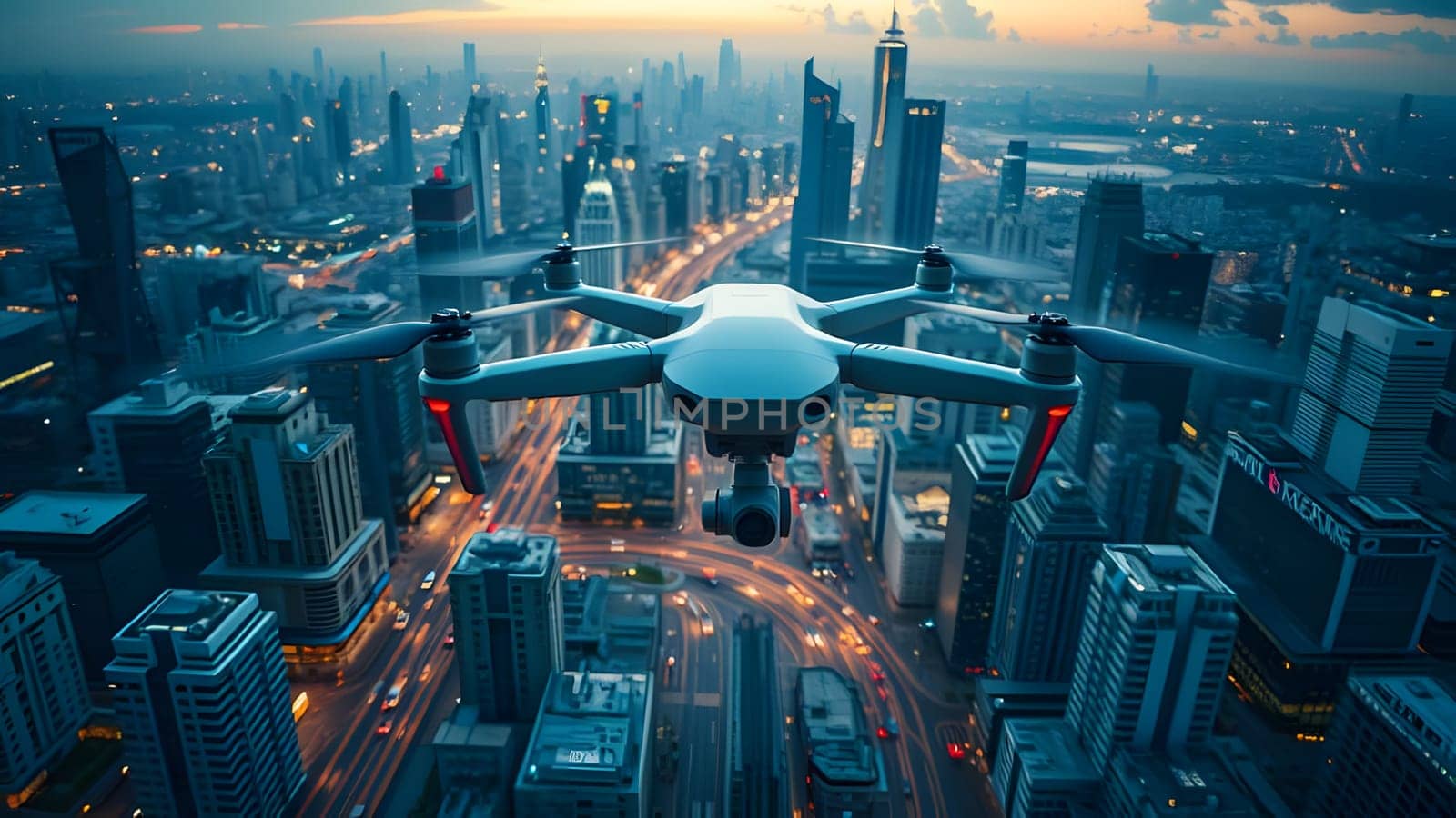 A drone captures stunning views of Dubai's skyline, showcasing towering skyscrapers and busy streets as dusk settles over the vibrant city.