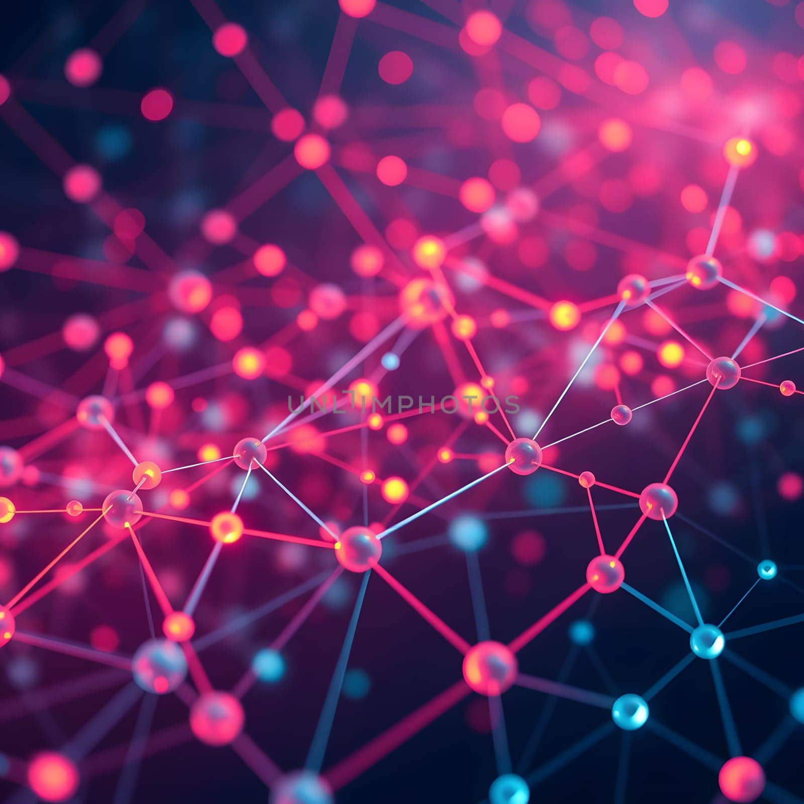 A vibrant display of interconnected nodes and lines creates a mesmerizing digital network. The dynamic colors suggest a futuristic technology or data visualization concept.