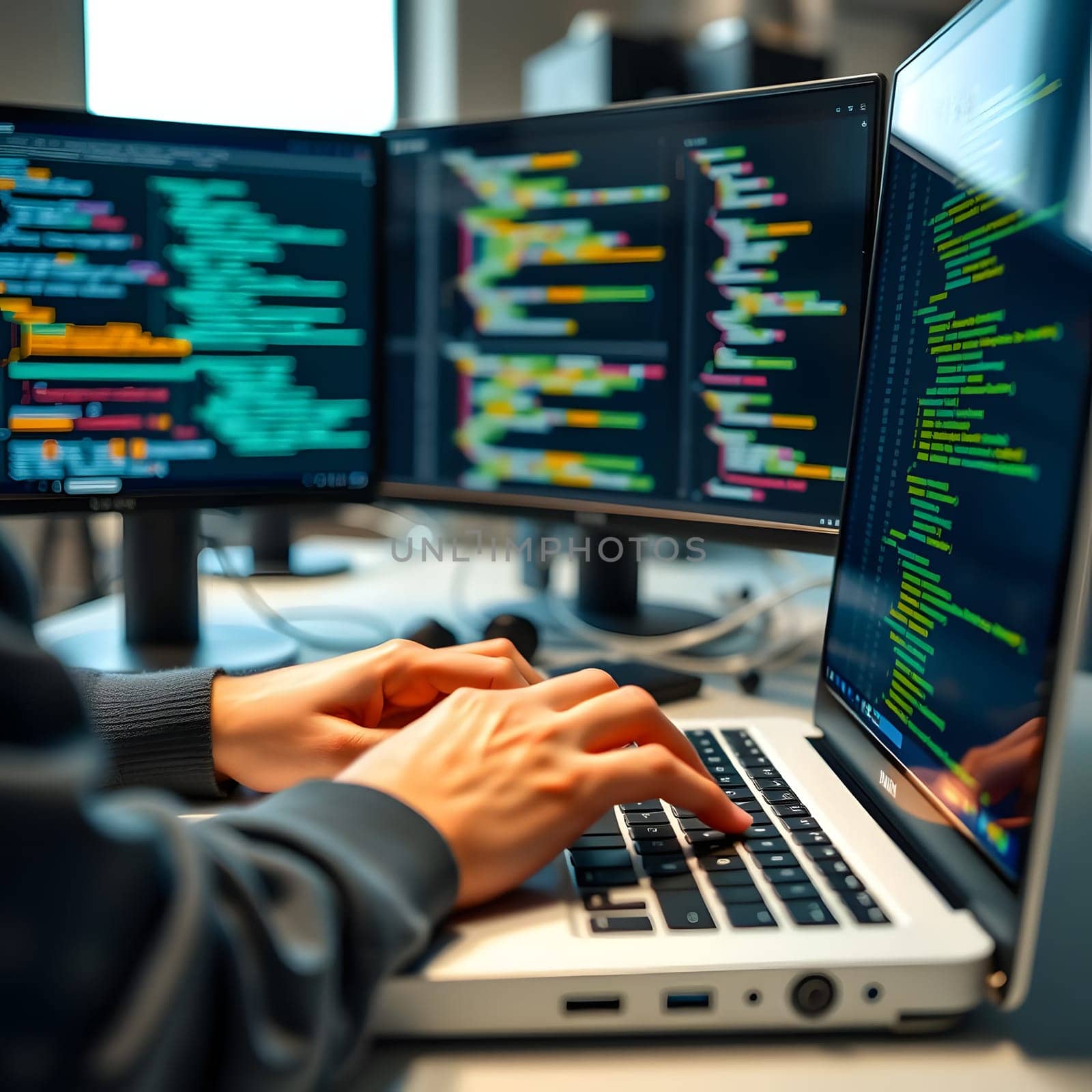 A person types on a laptop keyboard surrounded by two additional monitors displaying colorful code. The workspace is well-lit, showcasing a tech-savvy environment.