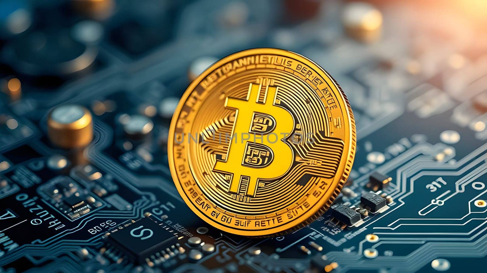 A golden Bitcoin token is prominently displayed atop a circuit board, symbolizing the intersection of technology and cryptocurrency. The warm lighting enhances its metallic shine.