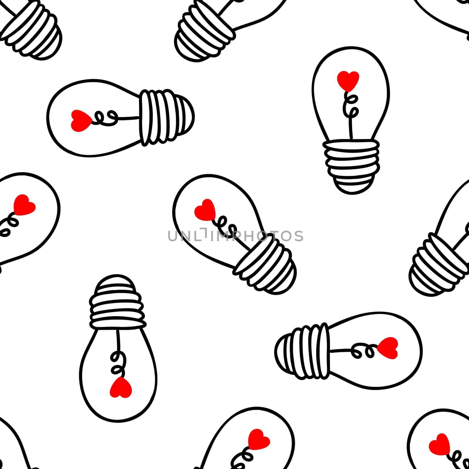 Seamless background with light bulbs with a heart on a white background. Design for Valentines Day, Wedding, Invitations