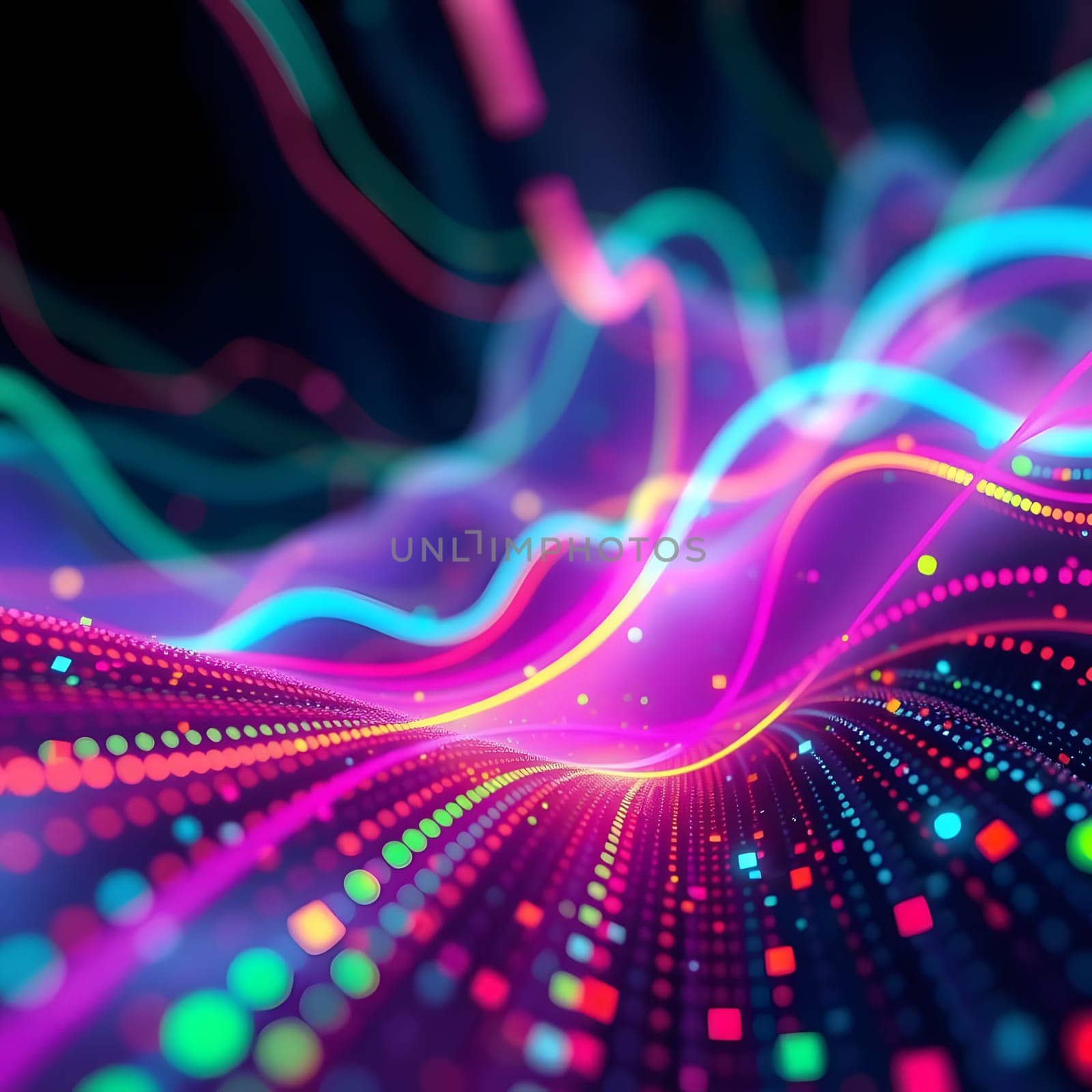 Vibrant wave patterns move through a dark background, showcasing a blend of colorful neon hues. The design creates an energetic and dynamic atmosphere, perfect for digital art enthusiasts.