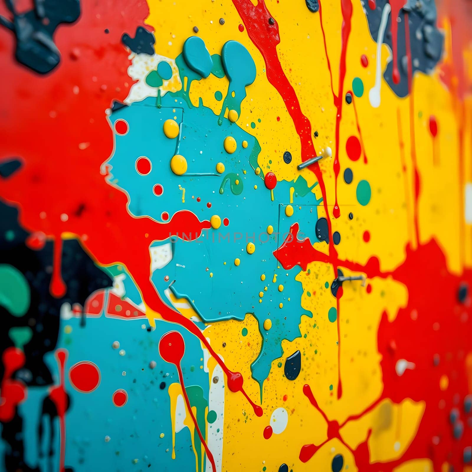 A lively abstract artwork features bold splashes of red, yellow, blue, and green paint on a textured surface, creating a dynamic interplay of colors and patterns in a lively setting.