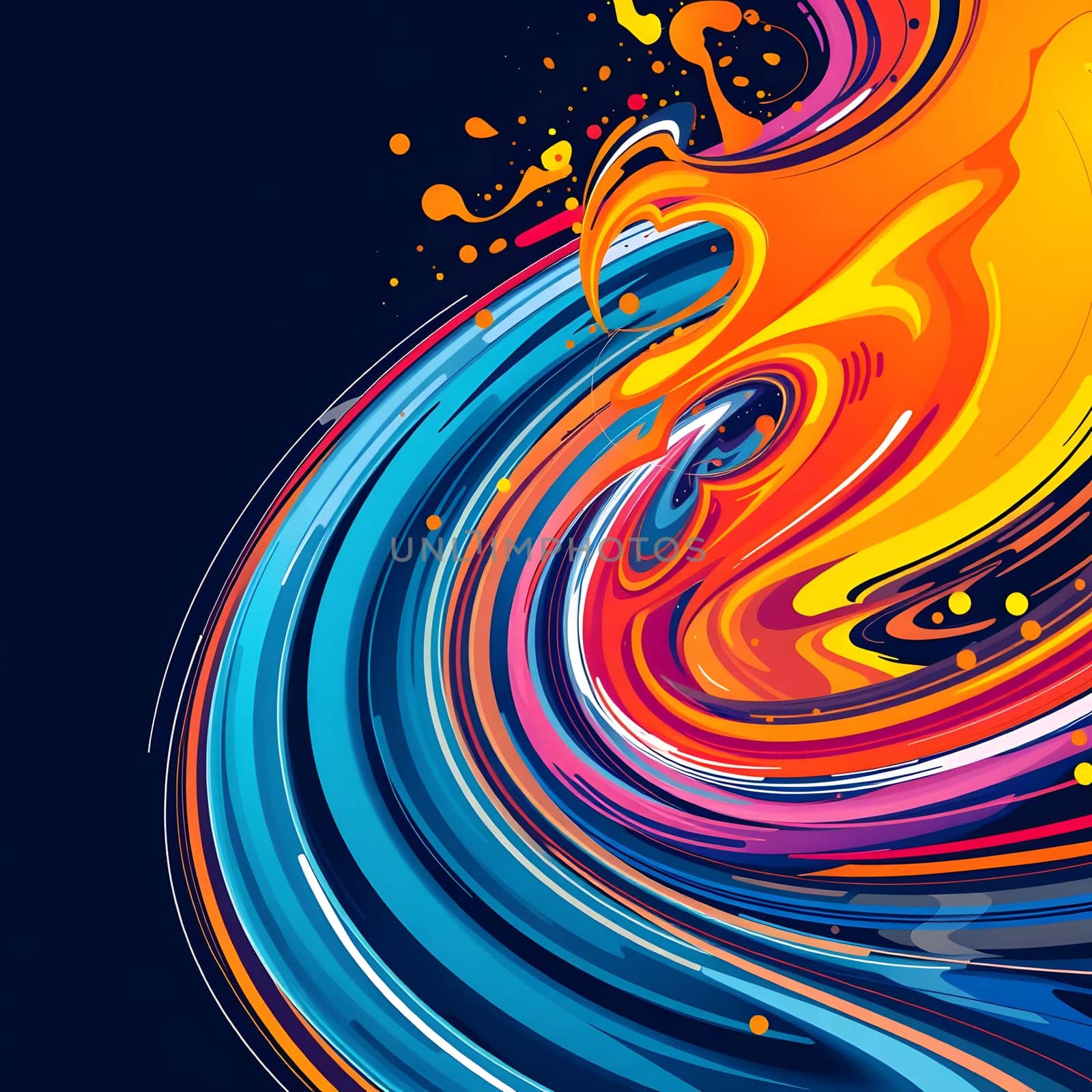 Vibrant colors swirl together, creating an energetic flow that captures movement and emotion against a dark backdrop, evoking a sense of creativity and dynamism.
