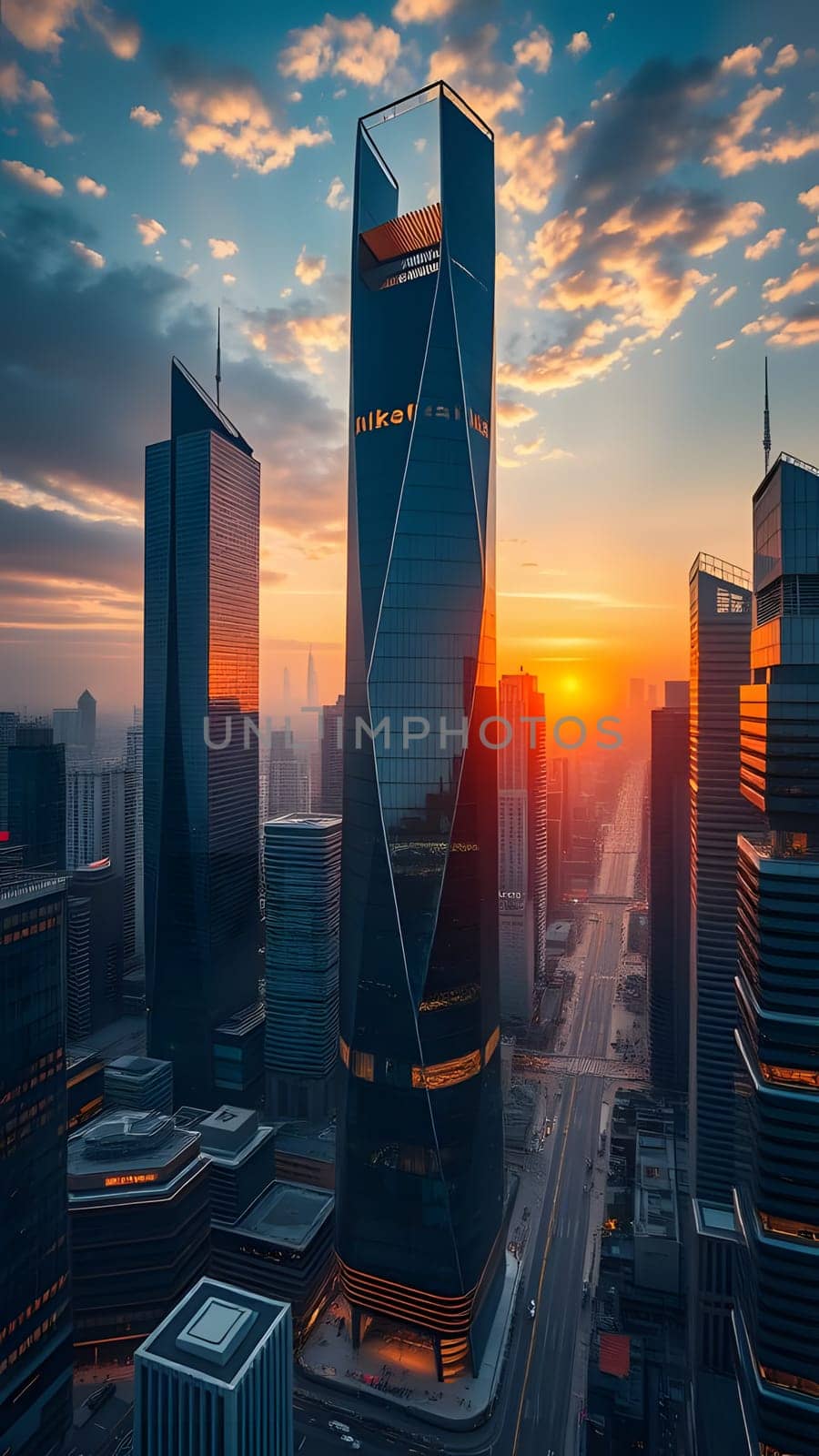 A vibrant sunset casts a warm glow over modern skyscrapers in a lively urban landscape. Buildings reflect the orange and blue hues of the sky, creating a stunning cityscape.
