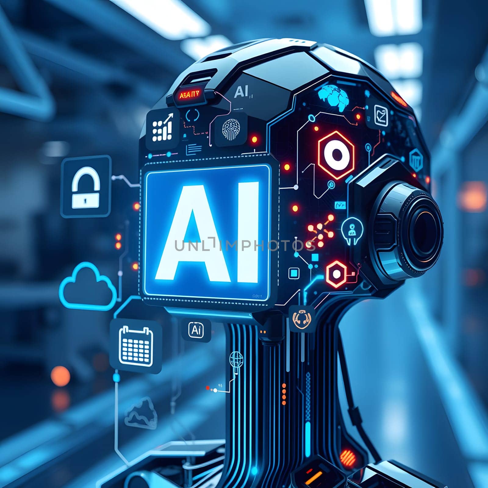 The advanced robot head showcases glowing AI symbols amidst a high-tech laboratory, illustrating the fusion of artificial intelligence and technology in a modern research space.
