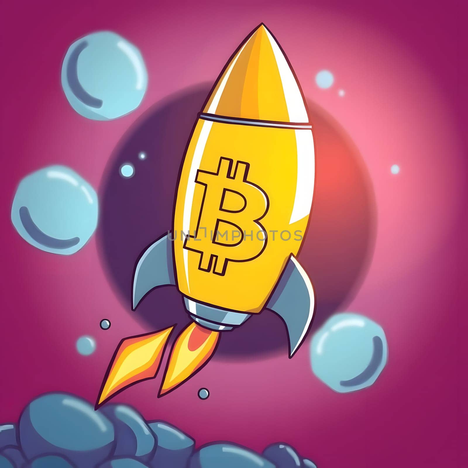A cartoon-style golden rocket emblazoned with the Bitcoin symbol ascends against a colorful, cosmic backdrop, surrounded by blue bubbles, illustrating themes of innovation and success.