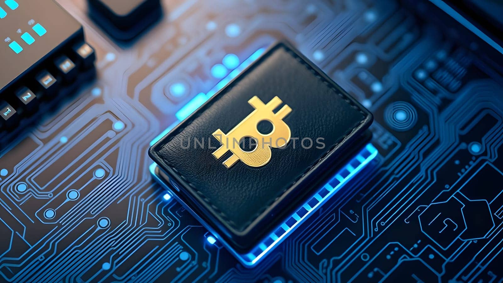 A cryptocurrency wallet sits elegantly on a digital circuit board, showcasing sleek design elements and glowing blue accents. This scene emphasizes technology's integration with modern finance.