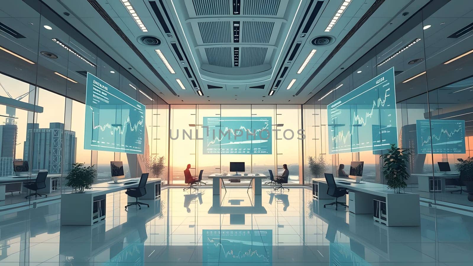 A contemporary office environment features sleek furniture and large screens showcasing data analysis. The sunset light casts a warm glow, enhancing the sophisticated atmosphere.