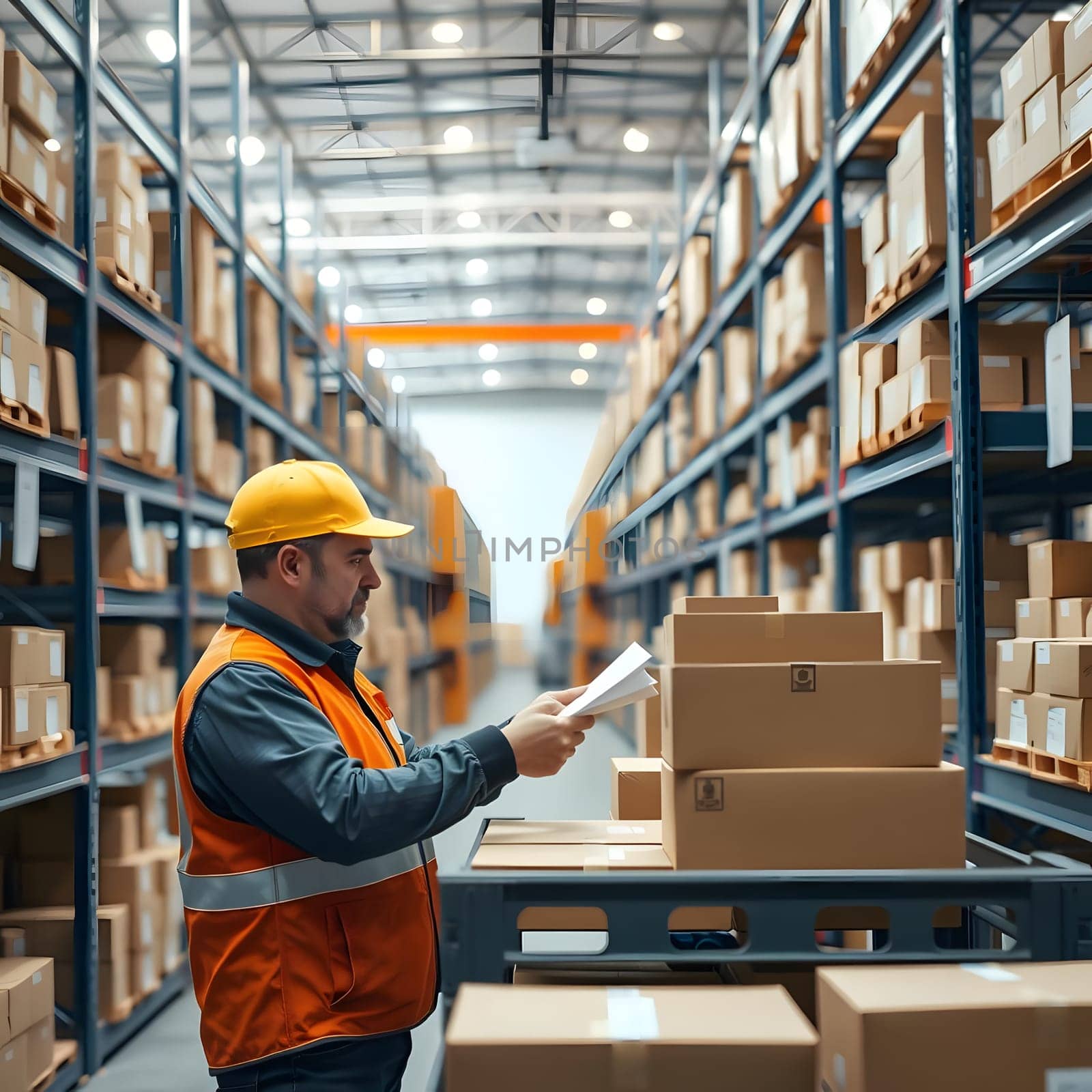 A warehouse worker checks paperwork while standing beside a cart filled with cardboard boxes in a well-organized storage area.