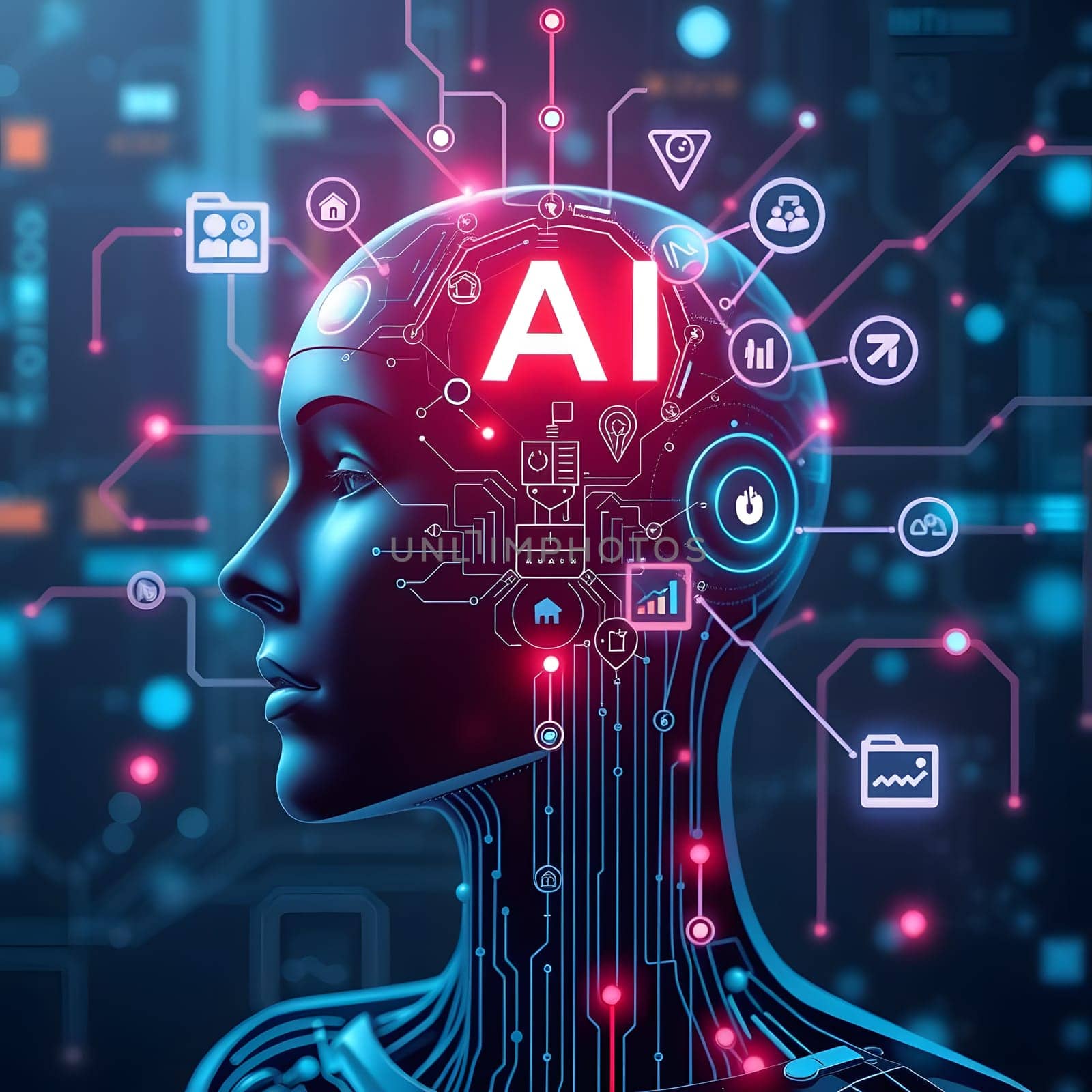 A detailed representation of a humanoid figure with glowing circuitry and AI symbols, illustrating the fusion of technology and intelligence in a modern digital environment.