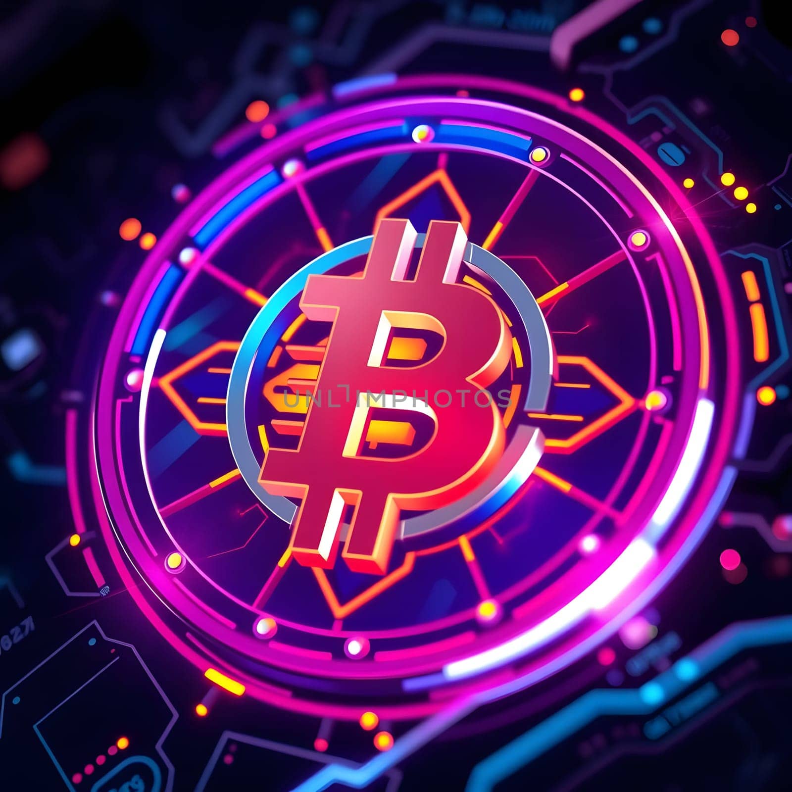 A striking graphic displays the Bitcoin symbol in bright red and gold, surrounded by colorful circuitry elements that convey a futuristic vibe. The background features abstract technological details.