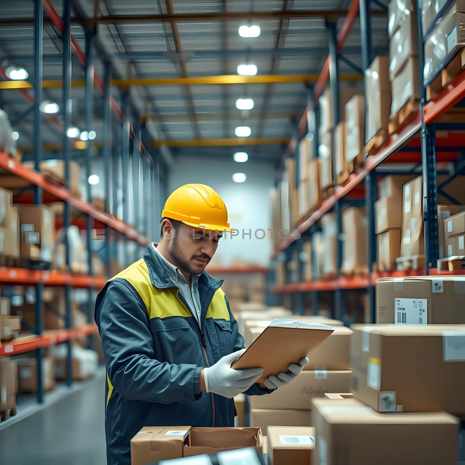 A warehouse employee in a hard hat is reviewing inventory records while surrounded by stacked cardboard boxes on shelves. They are focused on managing stocks efficiently in broad daylight.
