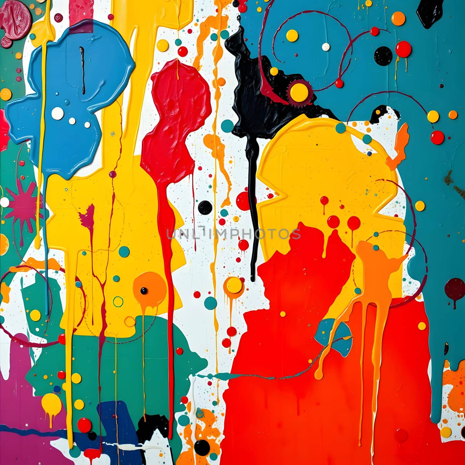 An abstract composition featuring bold colors like blue, yellow, and red. The textured surface is adorned with splashes and drips, creating an energetic and dynamic visual effect.
