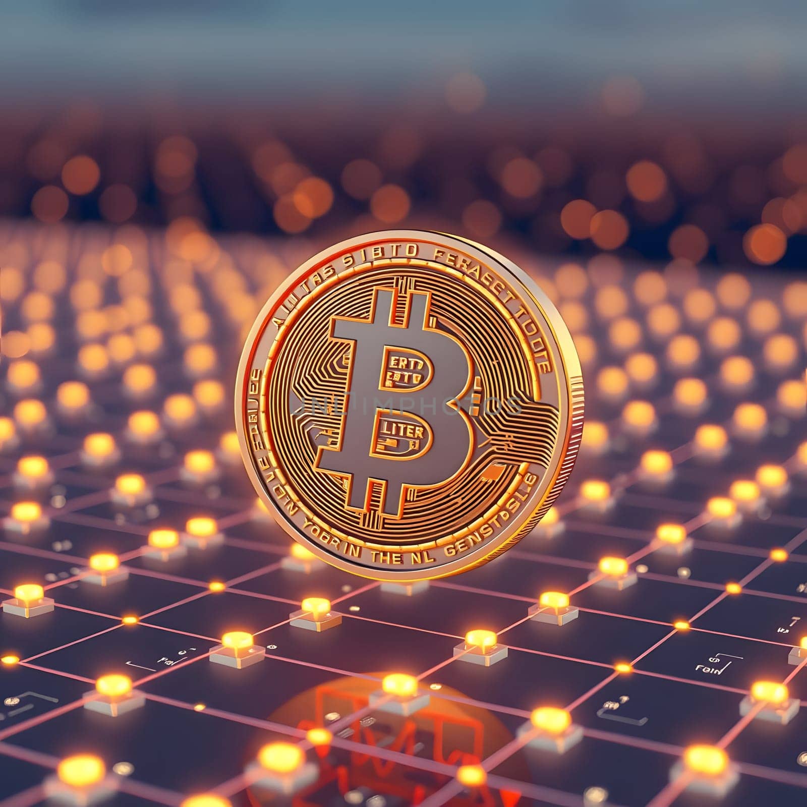 A Bitcoin coin stands out prominently against a glowing digital grid, with warm sunset hues reflecting off the surrounding circuitry, symbolizing the fusion of technology and finance.