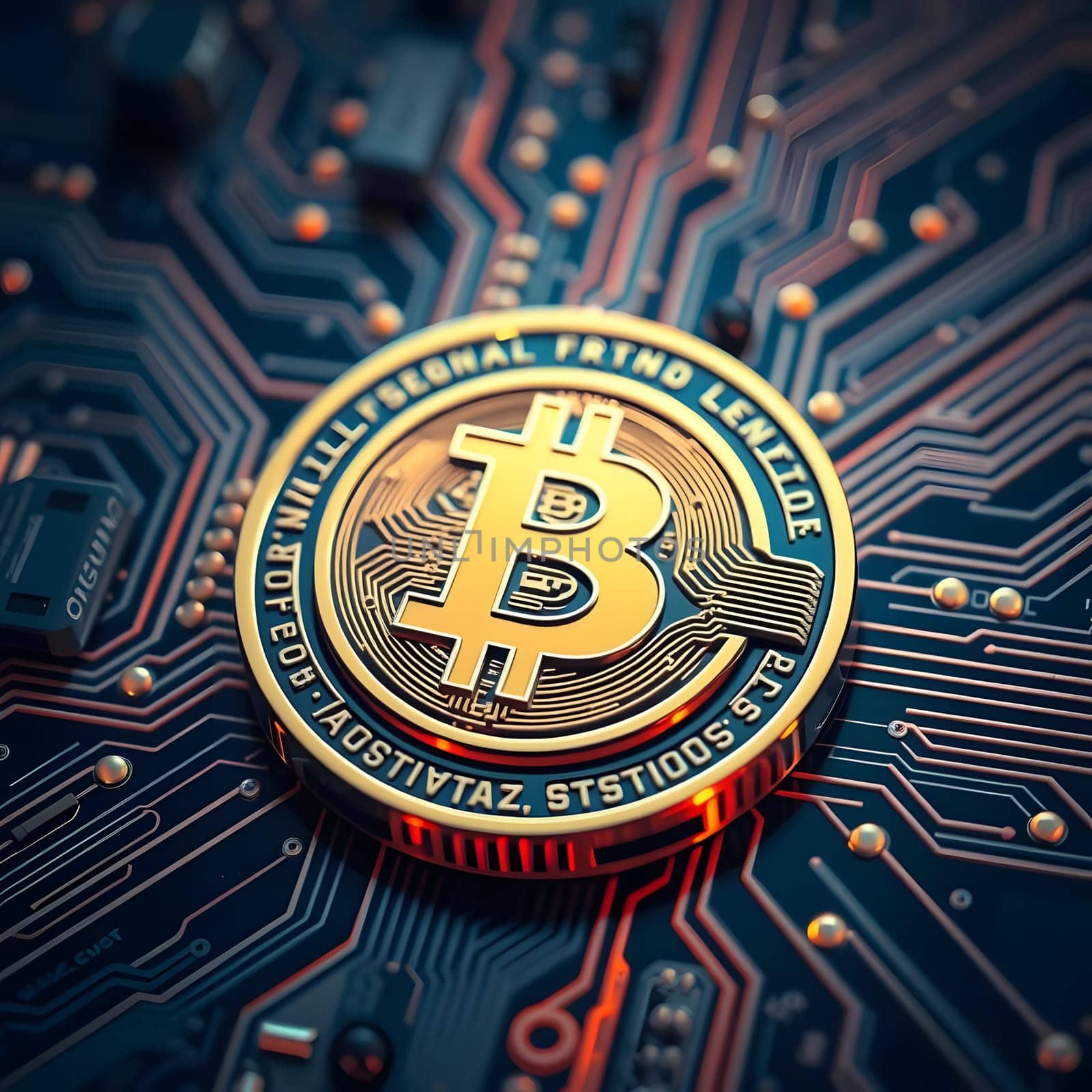 A detailed view of a Bitcoin coin resting on a circuit board, highlighting the intricate connections and electronic components surrounding it, showcasing the blend of finance and technology.