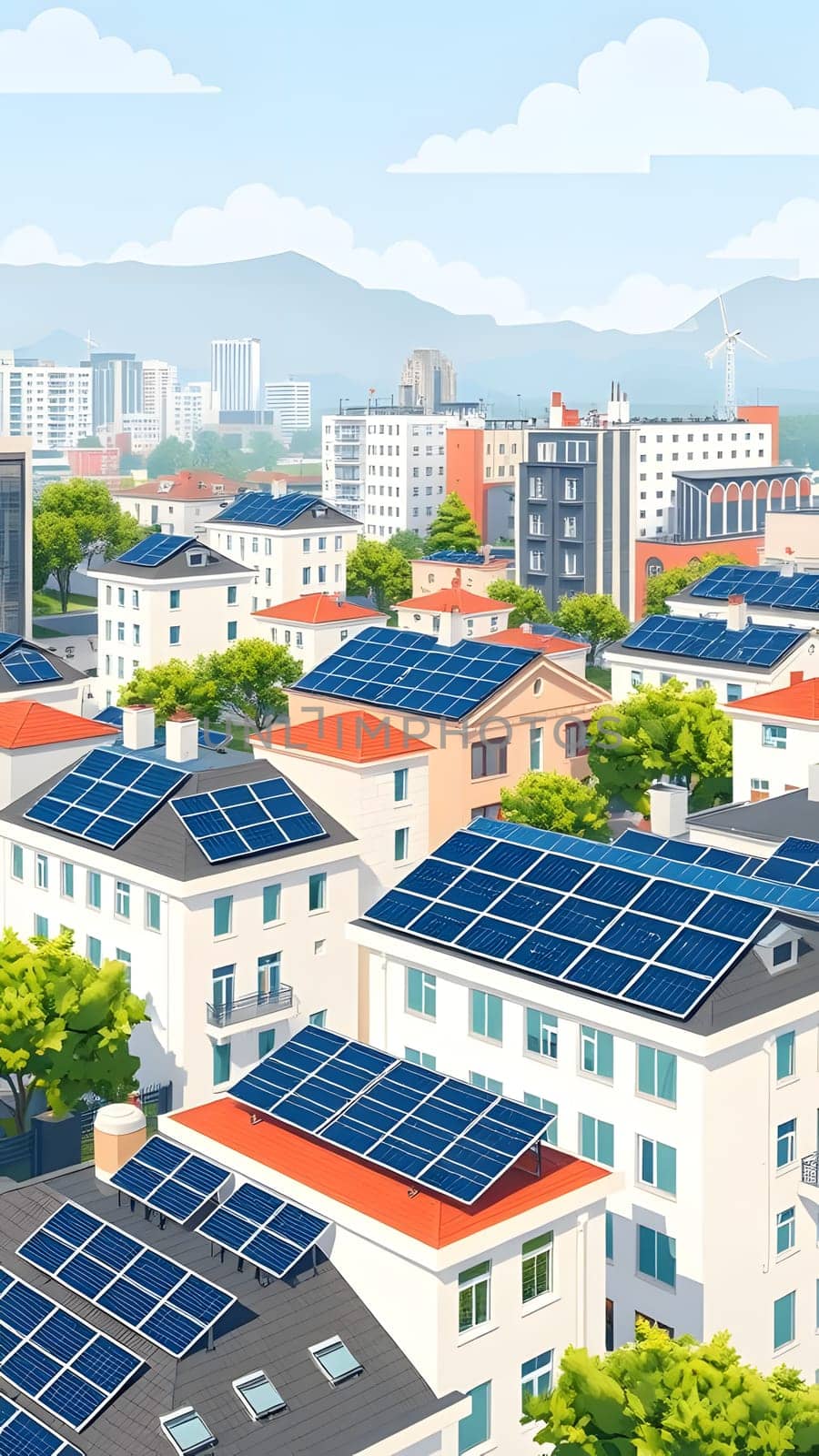 A vibrant urban setting showcases numerous buildings with solar panels on their rooftops. The scene is set against a clear blue sky, indicating a sunny day.