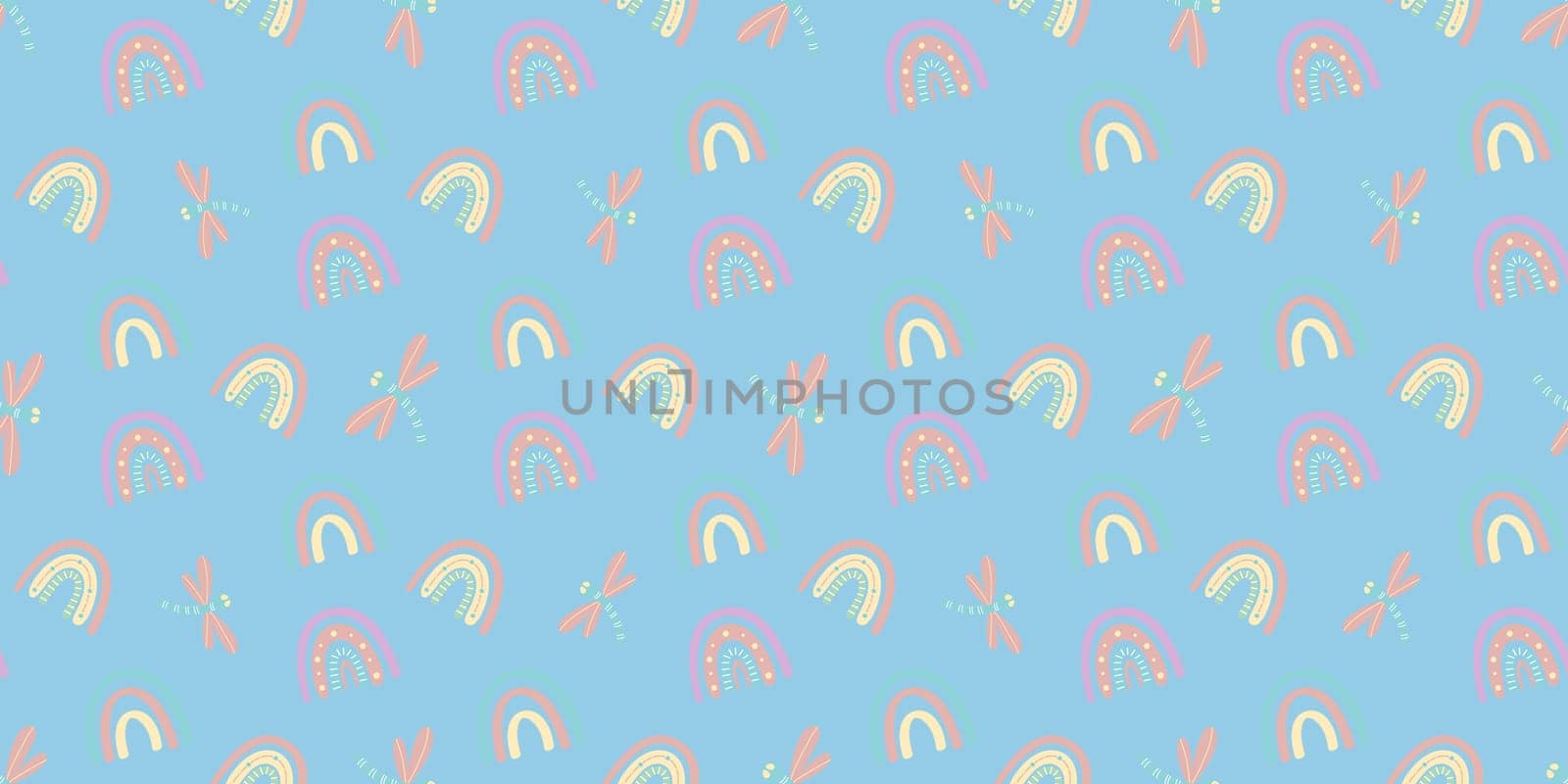 Cute rainbow and dragonfly seamless pattern. Scandinavian pattern in muted pastel colors. Hand-drawn illustration. Design for textiles, packaging, wrappers