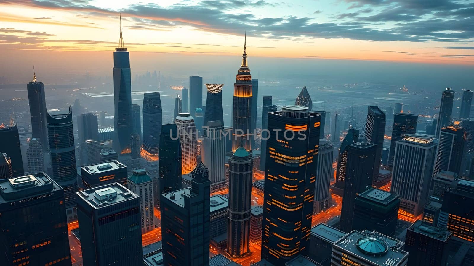 The view showcases a sprawling city skyline adorned with illuminated skyscrapers against a backdrop of a colorful sunset. The warm hues reflect on the glass facades, creating a breathtaking sight.