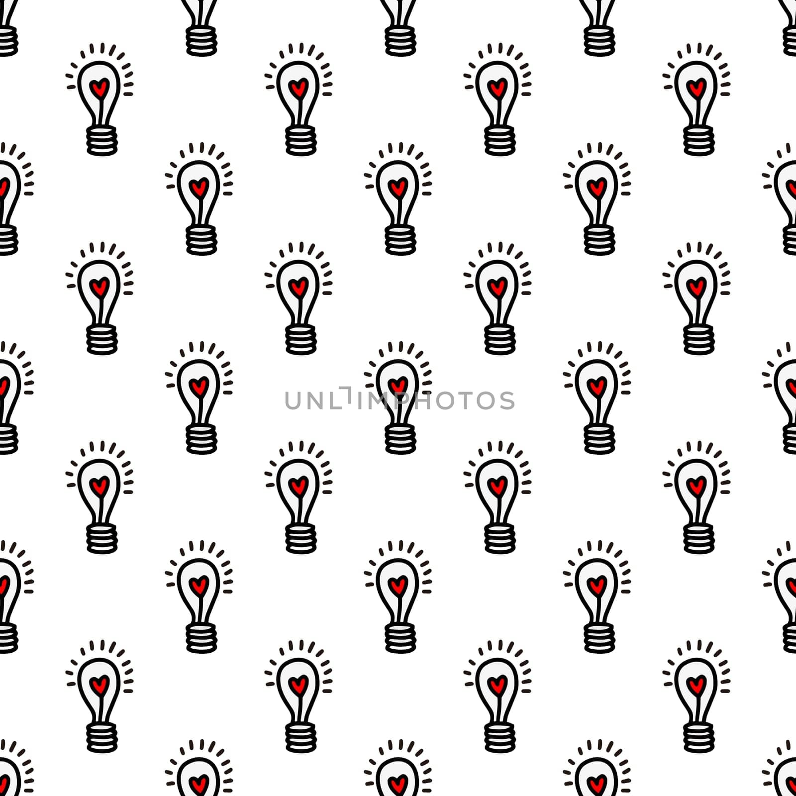 Seamless pattern with light bulbs with a heart on a white background illustration in doodle style. Design for Valentines Day, Wedding, Invitations
