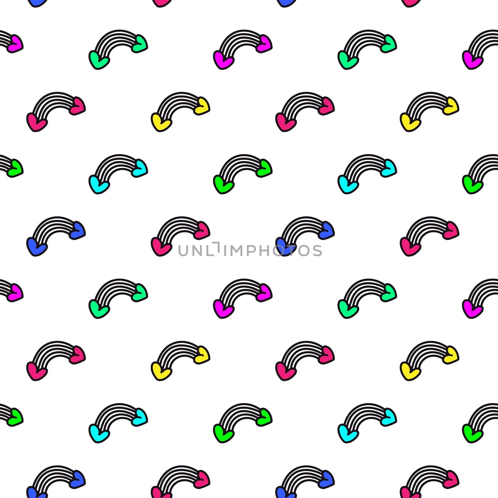 Romantic pattern with rainbows, hearts, raindrops illustration