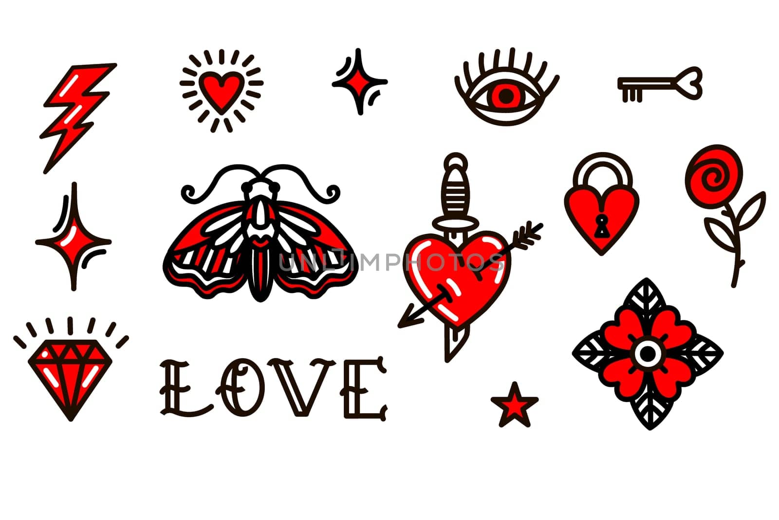 Valentines Day love symbols in old school style illustration for Valentines Day Design, stickers, tattoos