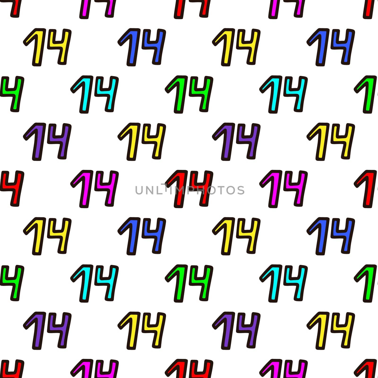 Seamless pattern with multicolored number 14 illustration. Design for Valentines Day