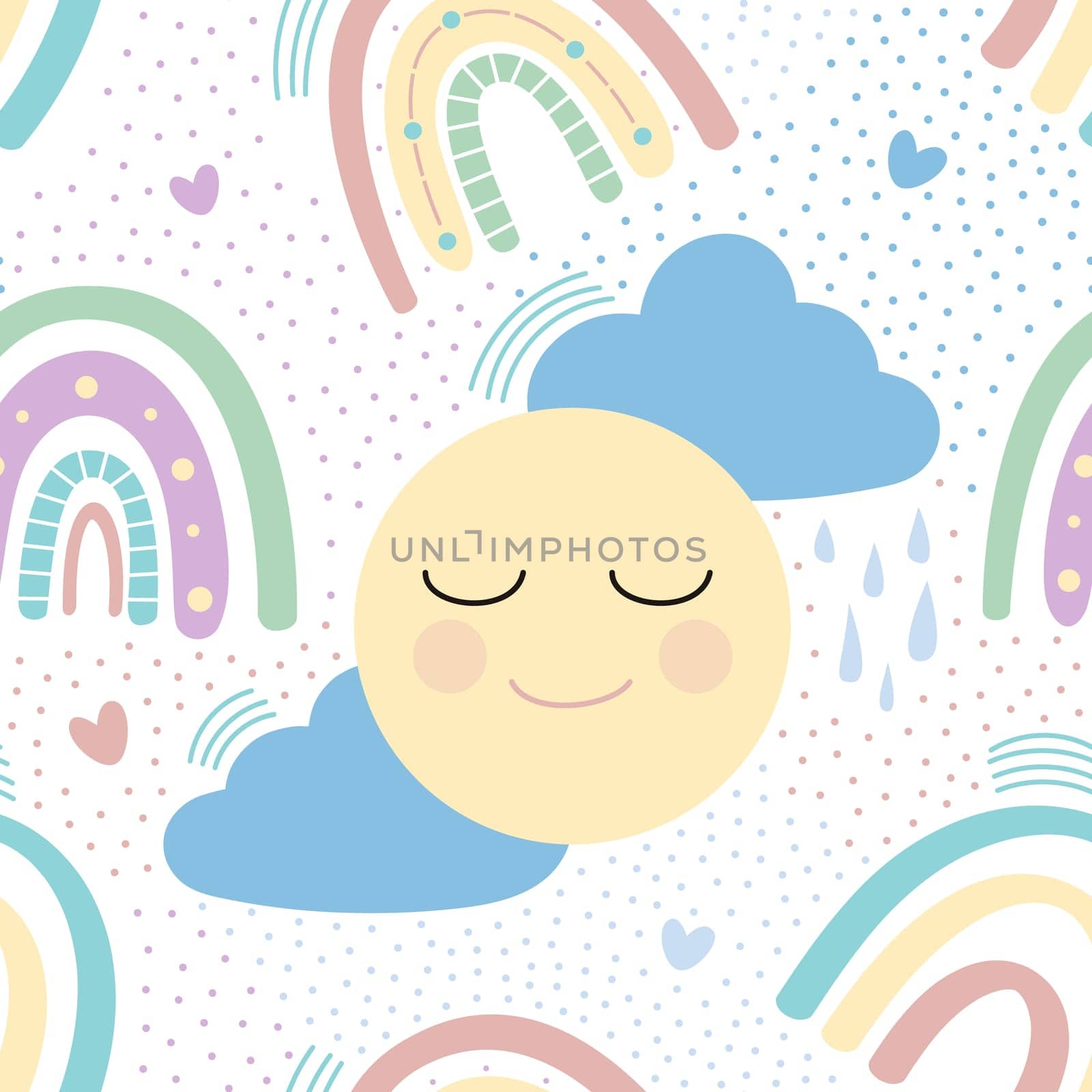 Cute rainbow and dragonfly seamless pattern. Scandinavian pattern in muted pastel colors. Hand-drawn illustration. Design for textiles, packaging, wrappers