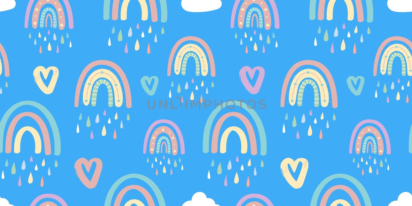 Cute rainbow and hearts seamless pattern. Romantic pattern for Valentines Day.Creative childrens illustration in a fashionable Scandinavian style.