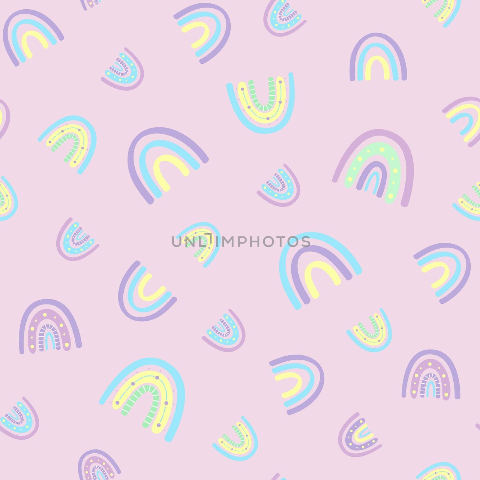 .Abstract rainbow seamless pattern. Childrens pattern in muted pastel colors. Hand-drawn illustration. Design for textiles, packaging, wrappers