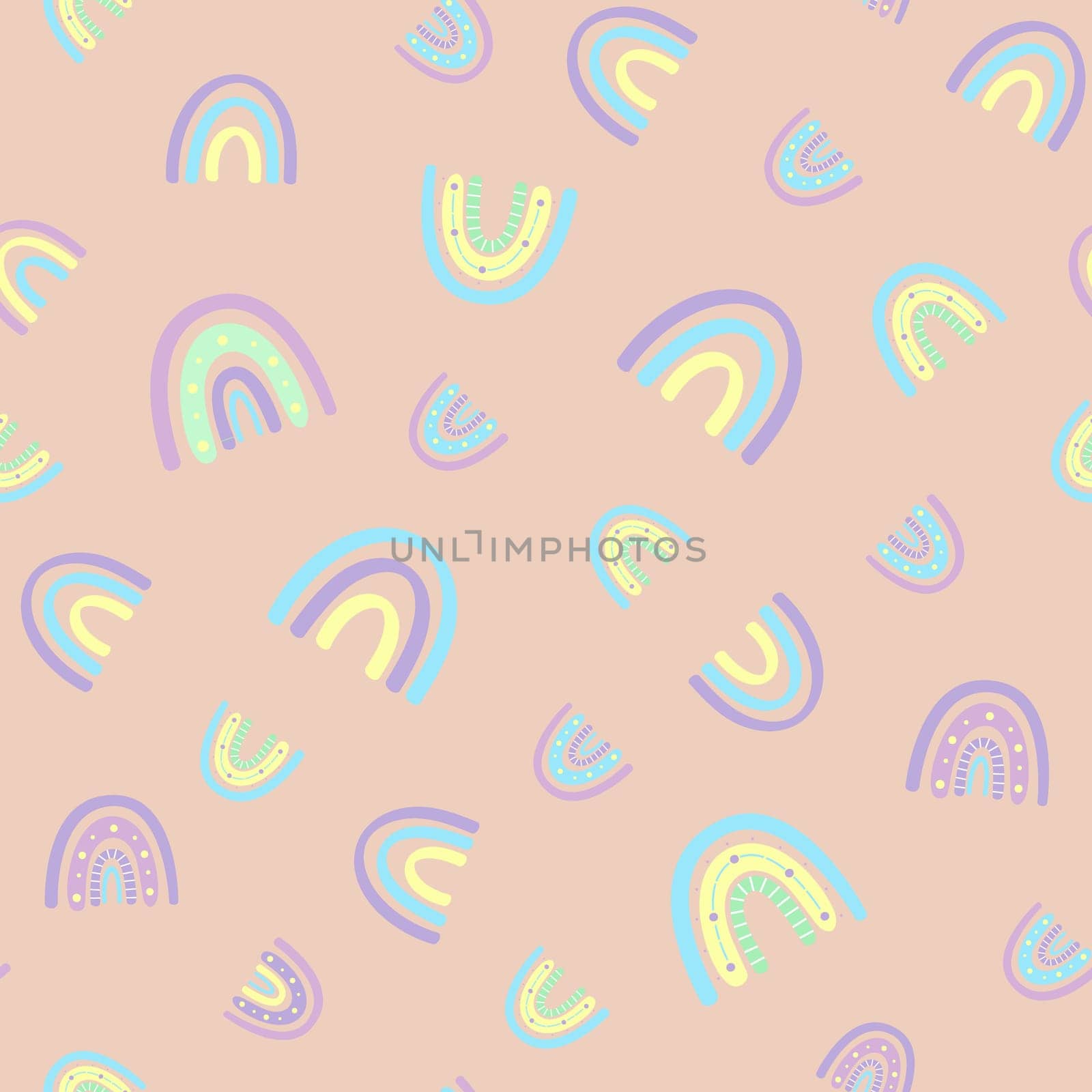 .Abstract rainbow seamless pattern. Childrens pattern in muted pastel colors. Hand-drawn illustration. Design for textiles, packaging, wrappers