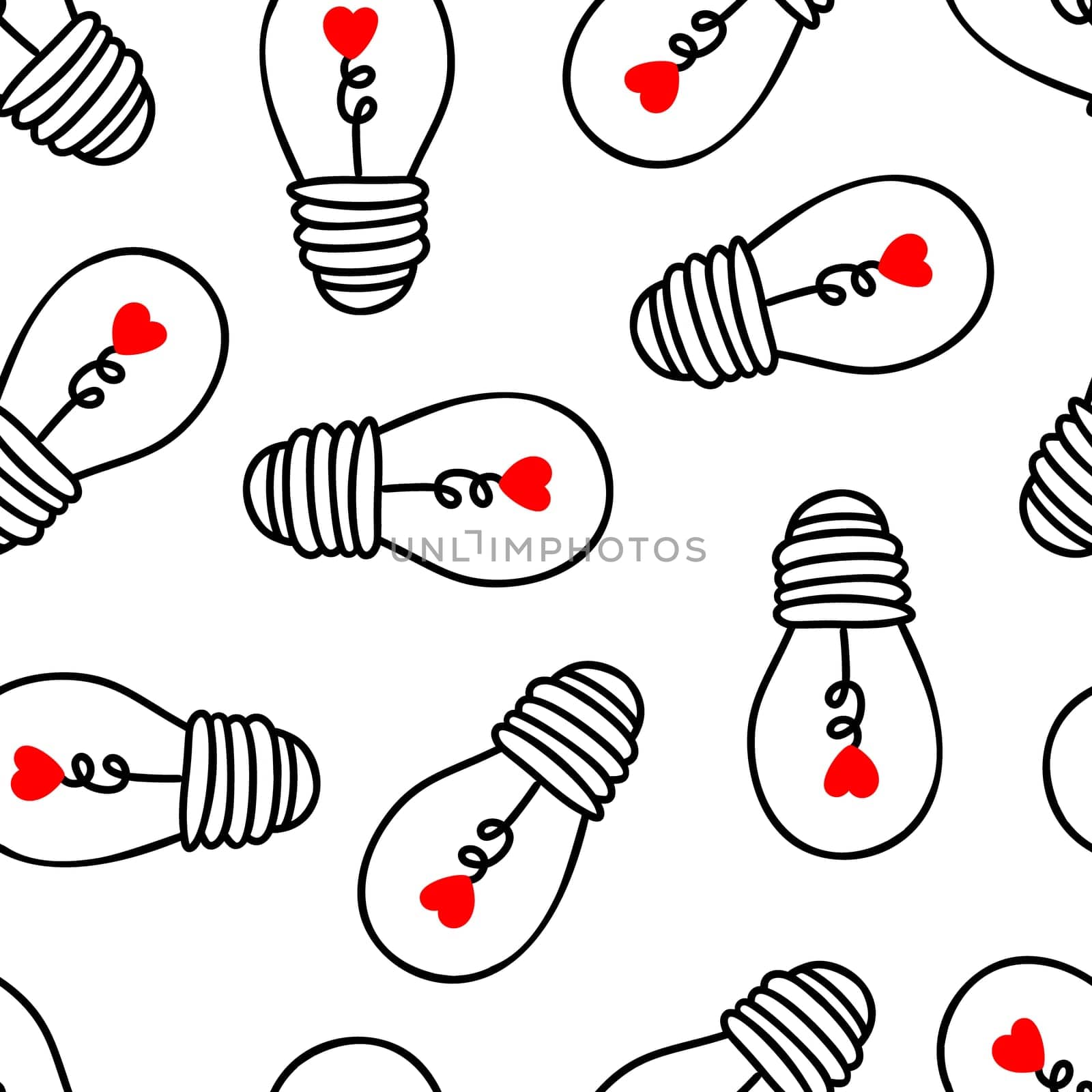 Seamless background with light bulbs with a heart on a white background. Design for Valentines Day, Wedding, Invitations